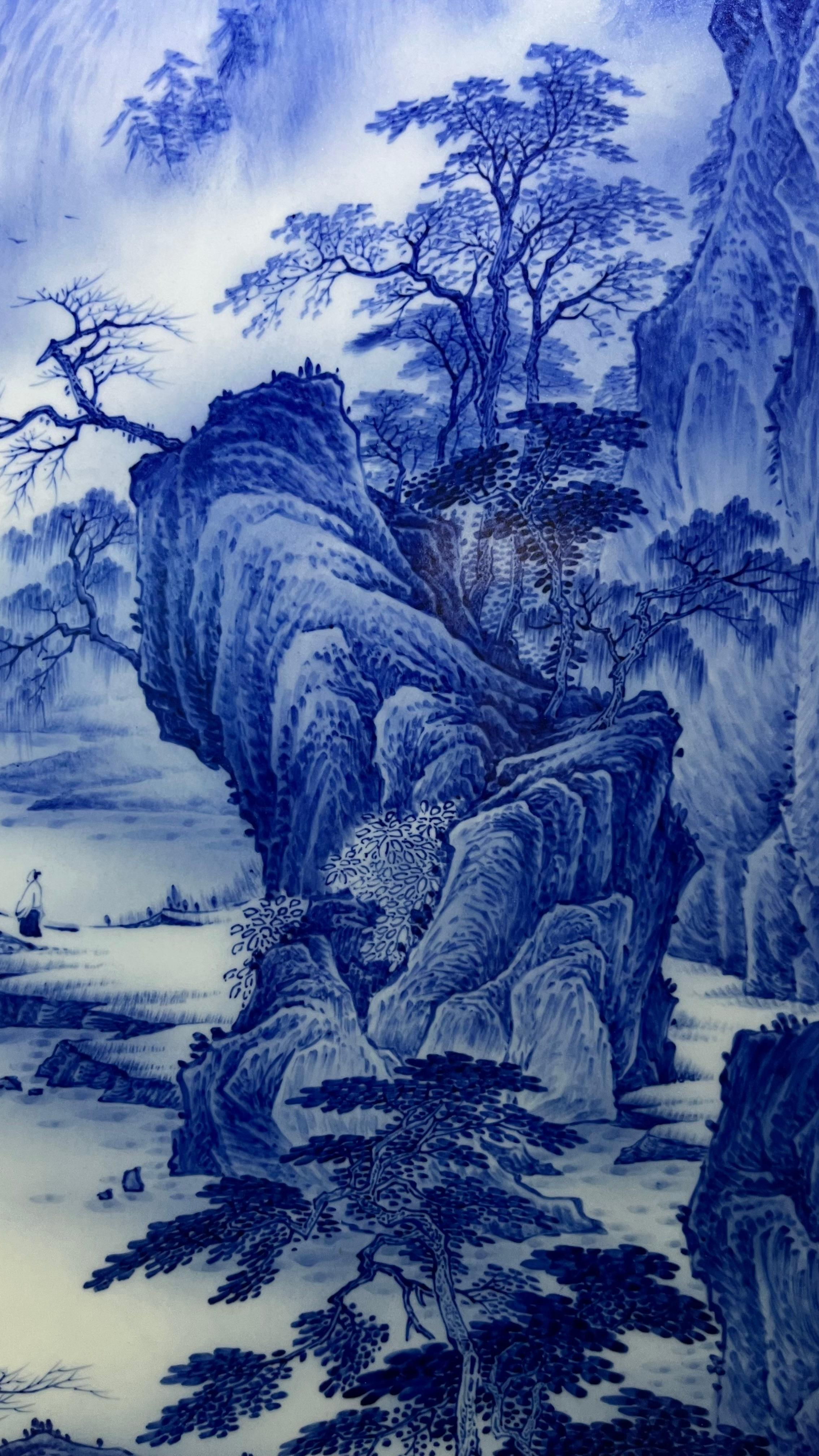 Large Size Chinese Artist Hand-pained Blue White Landscape Porcelain Plaque For Sale 7