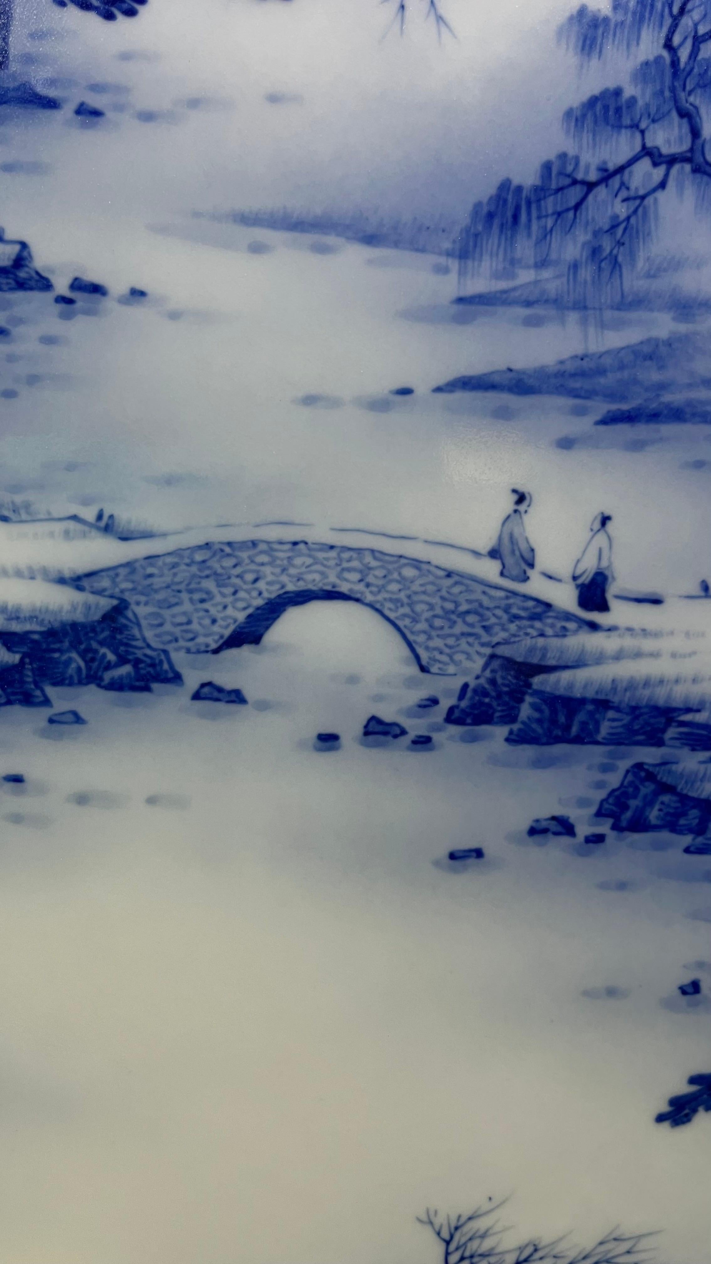 Large Size Chinese Artist Hand-pained Blue White Landscape Porcelain Plaque For Sale 8