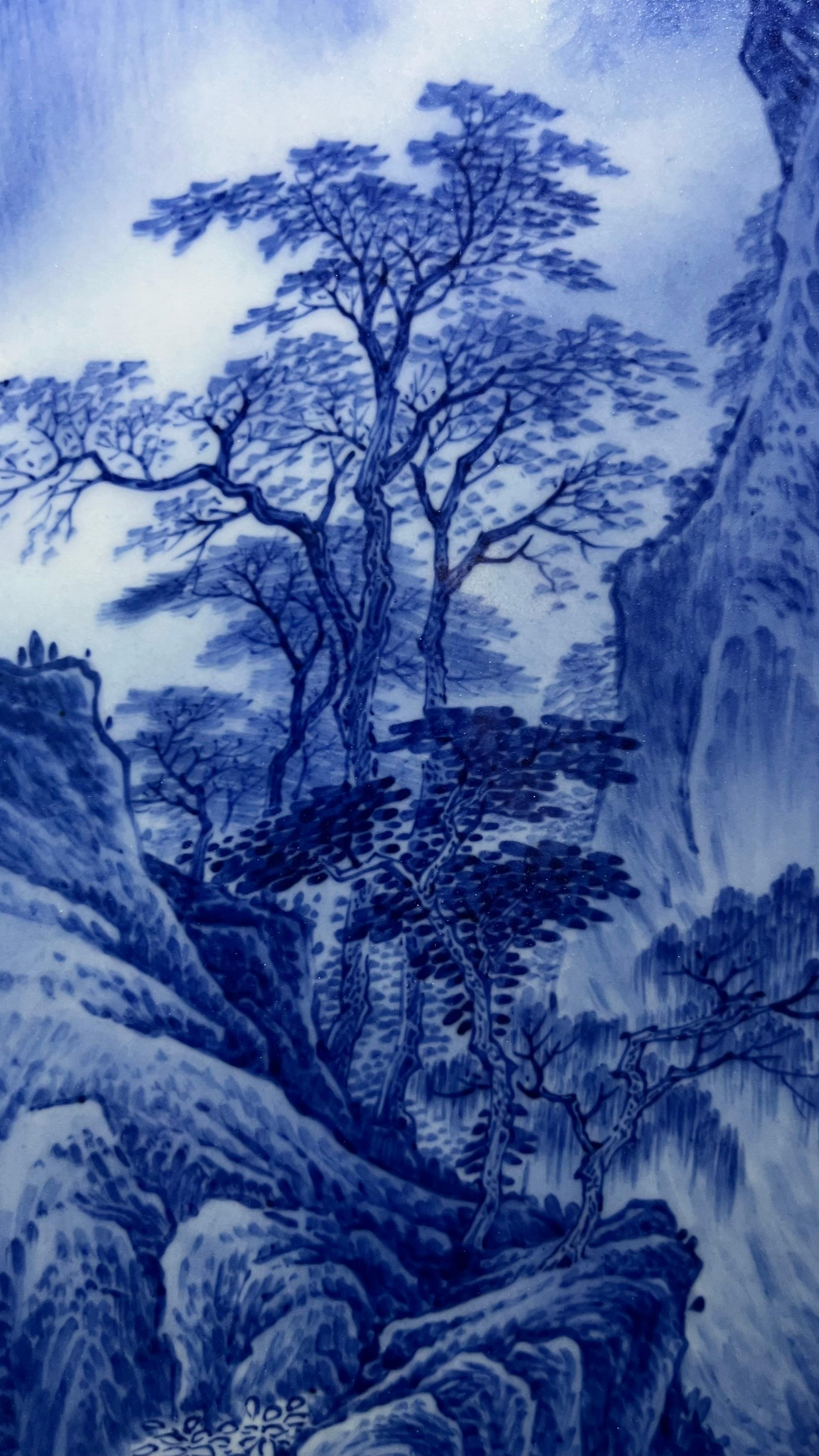 Large Size Chinese Artist Hand-pained Blue White Landscape Porcelain Plaque For Sale 9