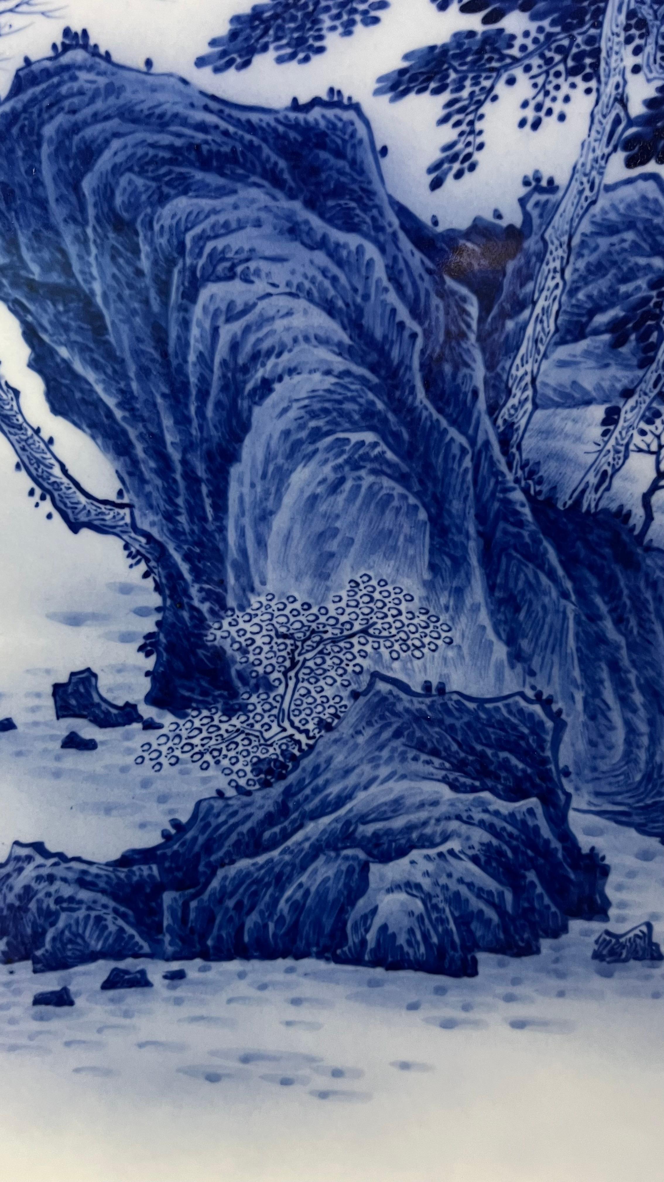 Large Size Chinese Artist Hand-pained Blue White Landscape Porcelain Plaque For Sale 10