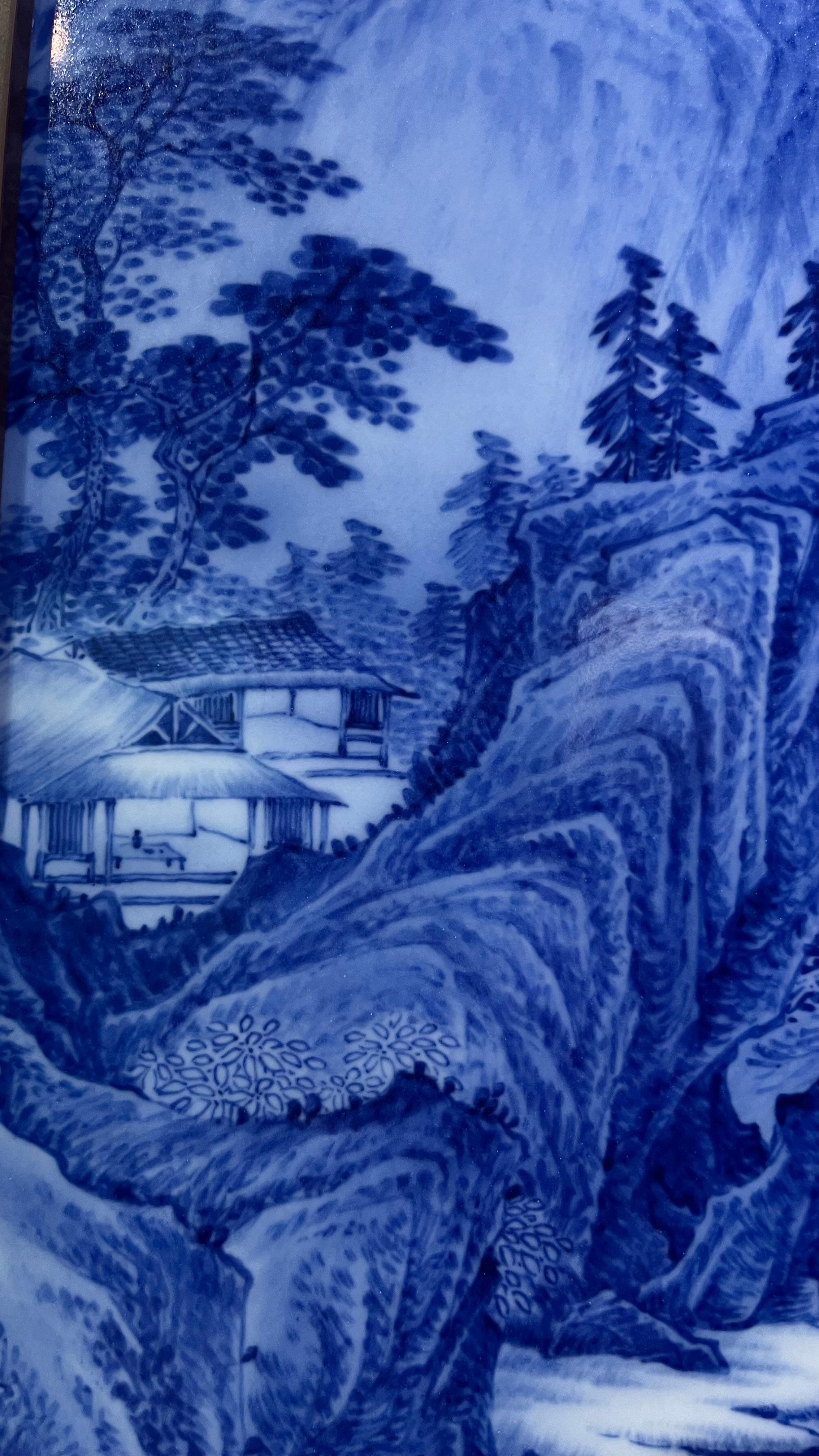Large Size Chinese Artist Hand-pained Blue White Landscape Porcelain Plaque For Sale 11