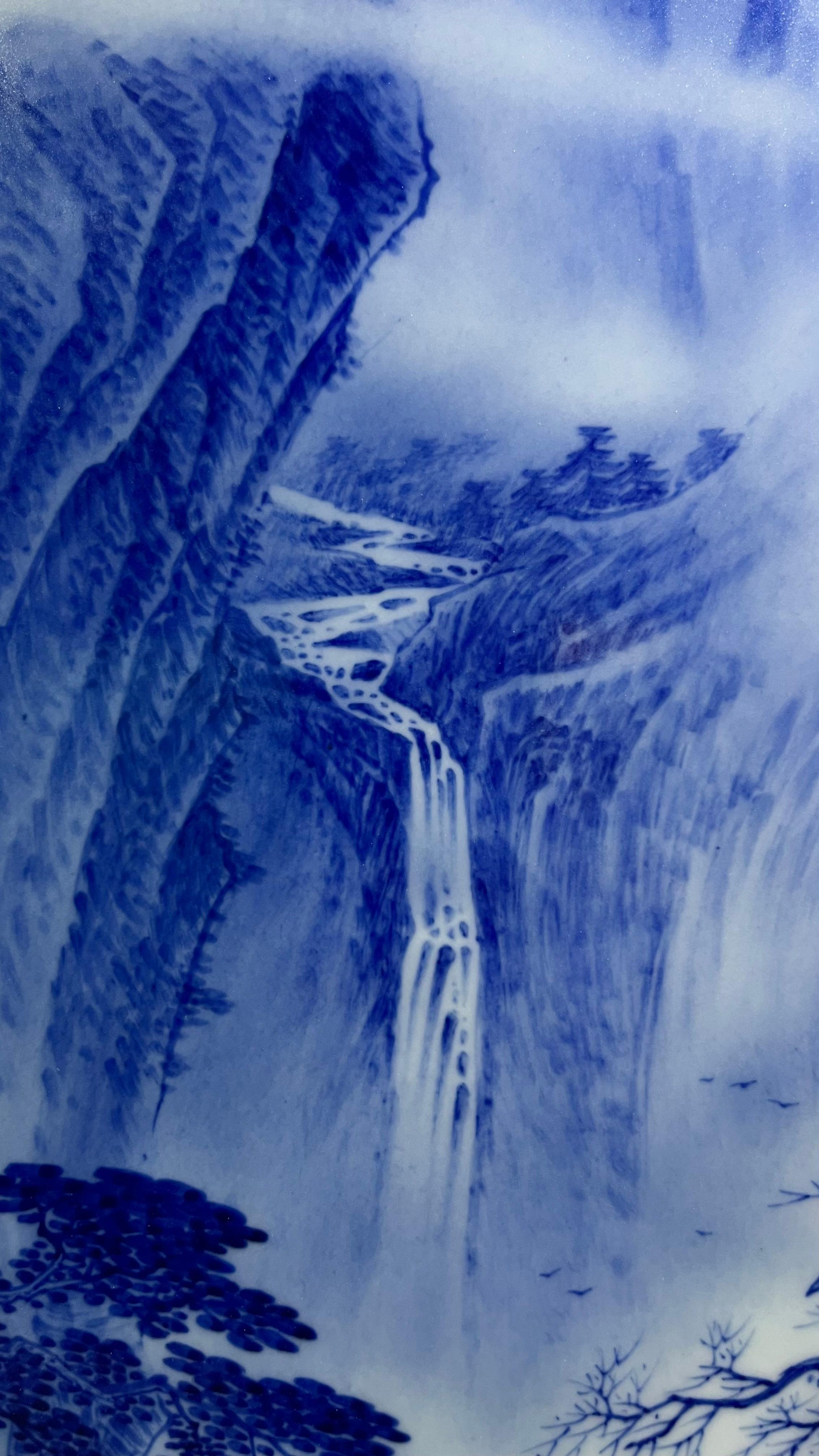 Large Size Chinese Artist Hand-pained Blue White Landscape Porcelain Plaque For Sale 12