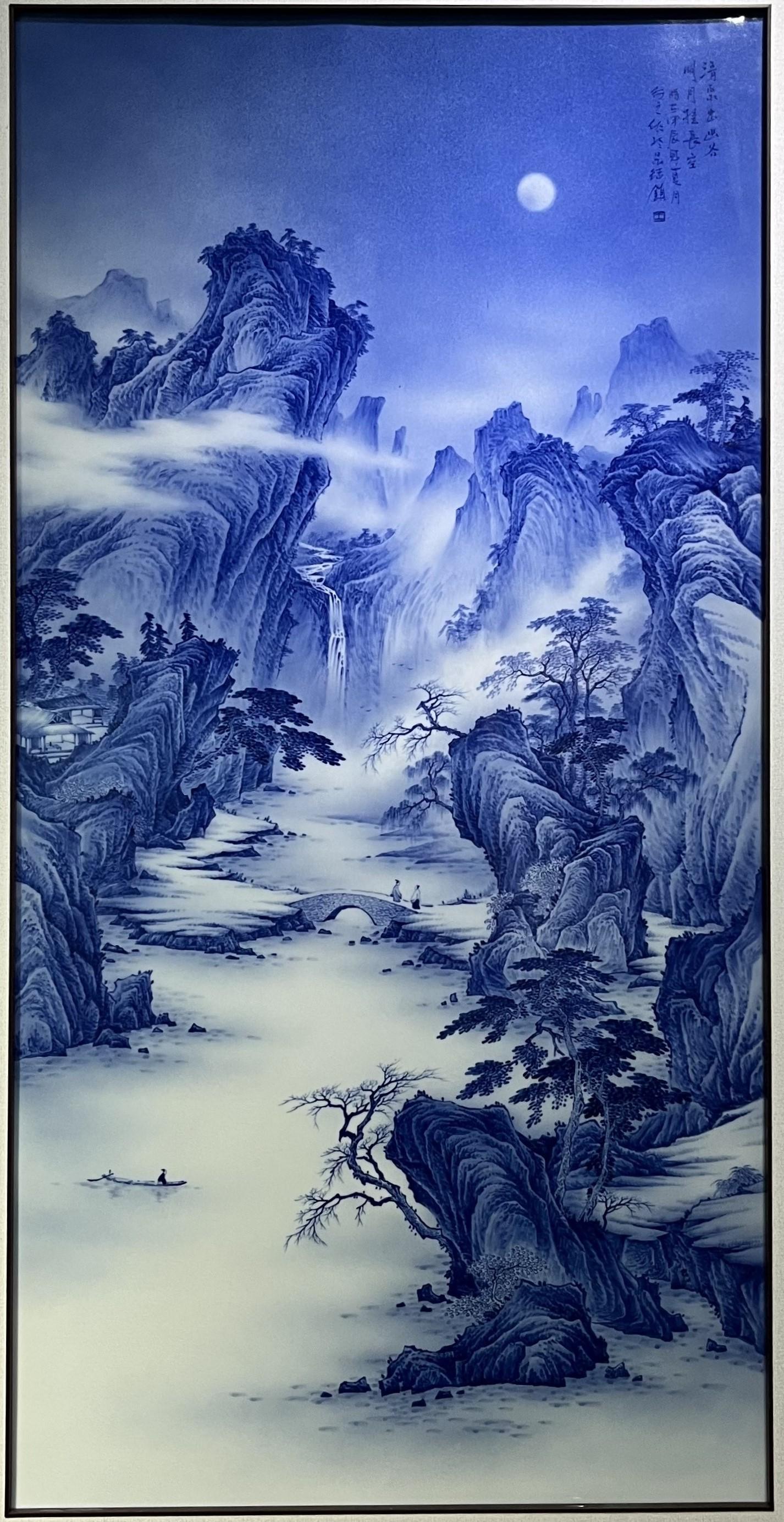 Large Size Chinese Artist Hand-pained Blue White Landscape Porcelain Plaque In Good Condition For Sale In 景德镇市, CN
