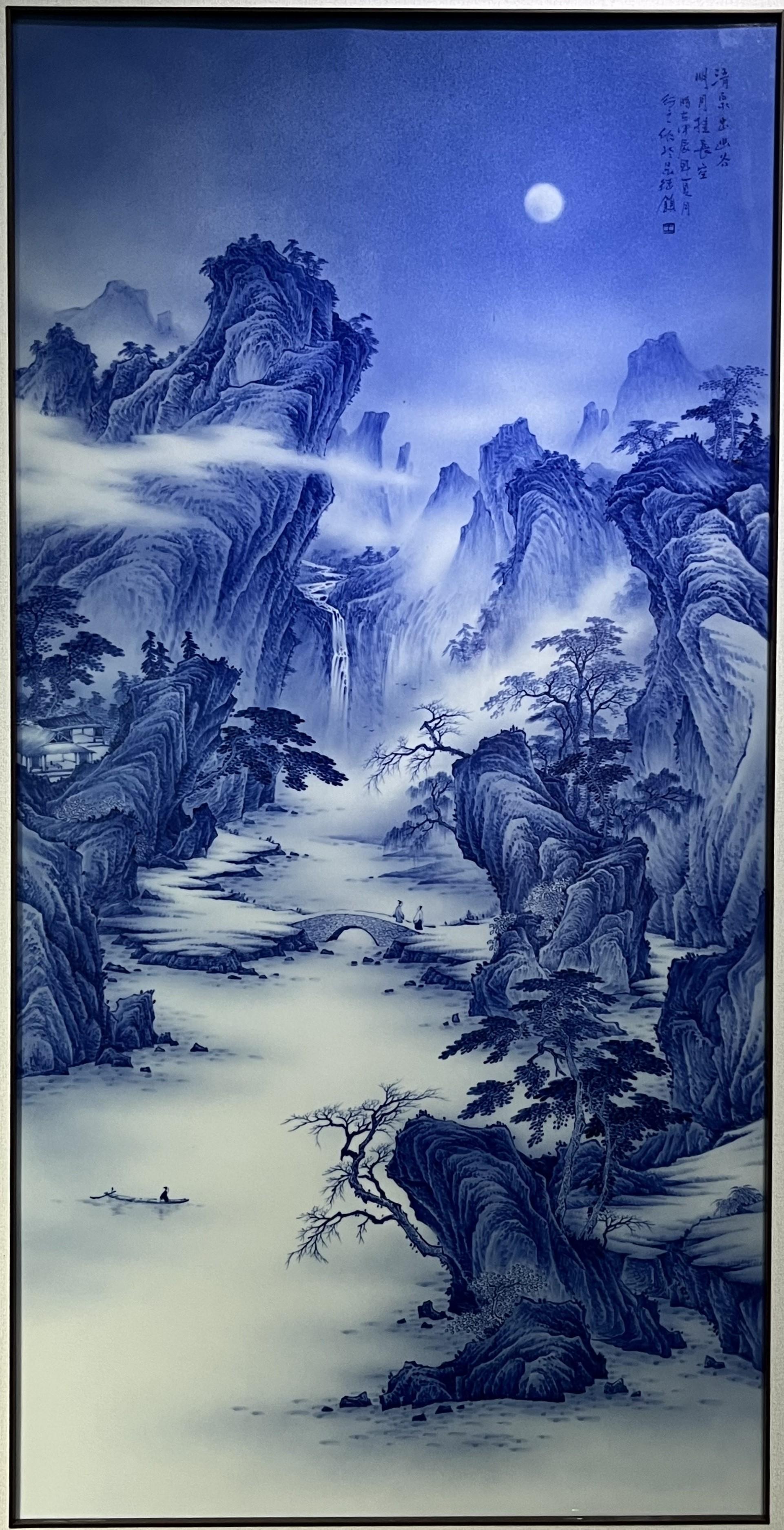 Contemporary Large Size Chinese Artist Hand-pained Blue White Landscape Porcelain Plaque For Sale