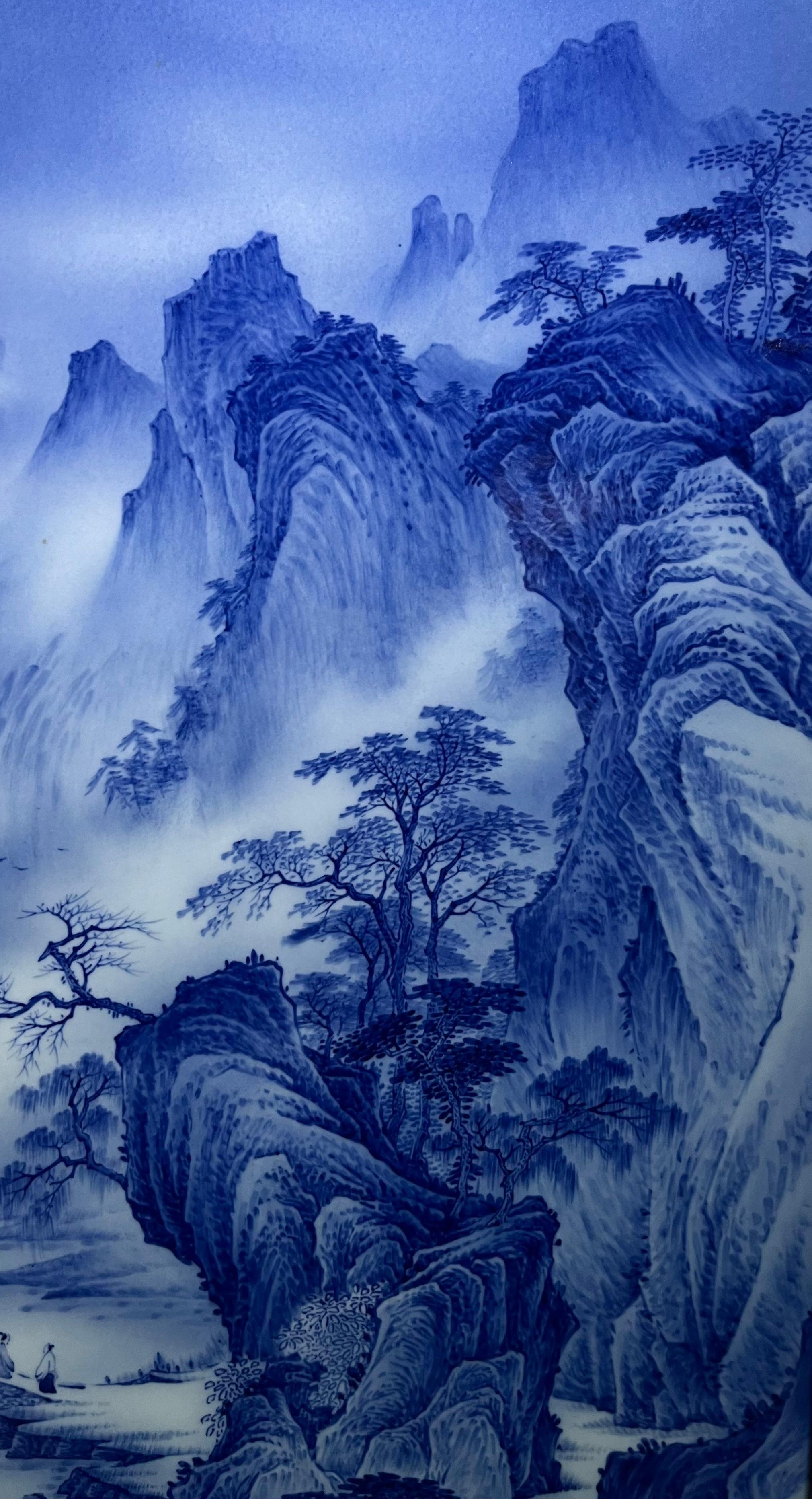Large Size Chinese Artist Hand-pained Blue White Landscape Porcelain Plaque For Sale 2