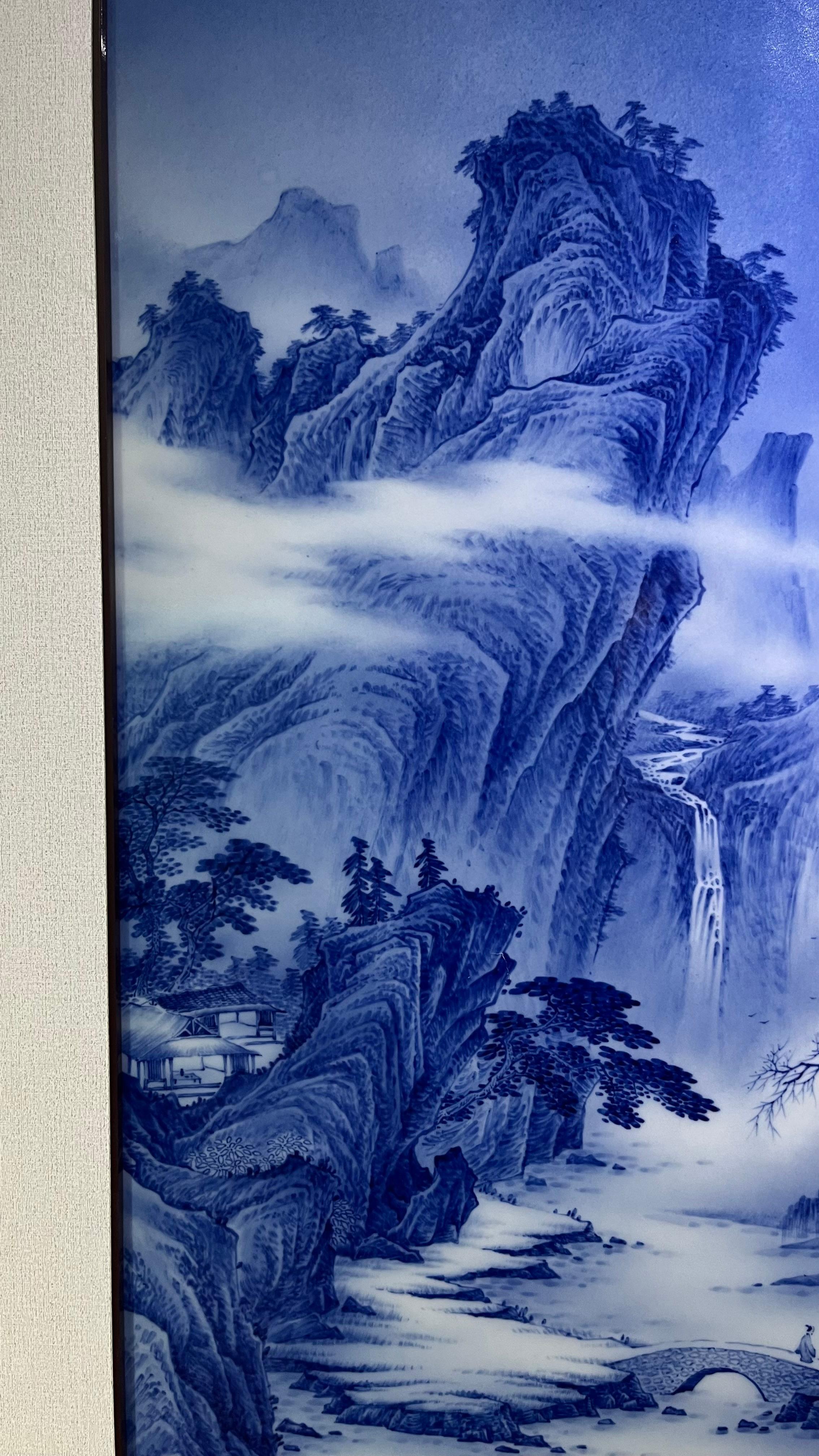 Large Size Chinese Artist Hand-pained Blue White Landscape Porcelain Plaque For Sale 3