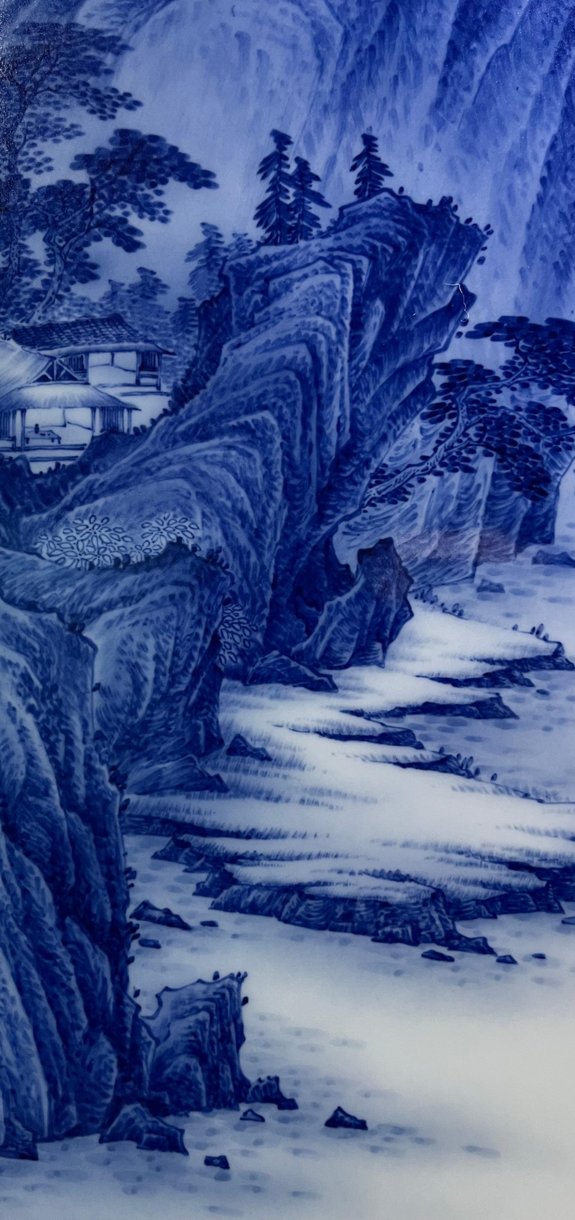 Large Size Chinese Artist Hand-pained Blue White Landscape Porcelain Plaque For Sale 4