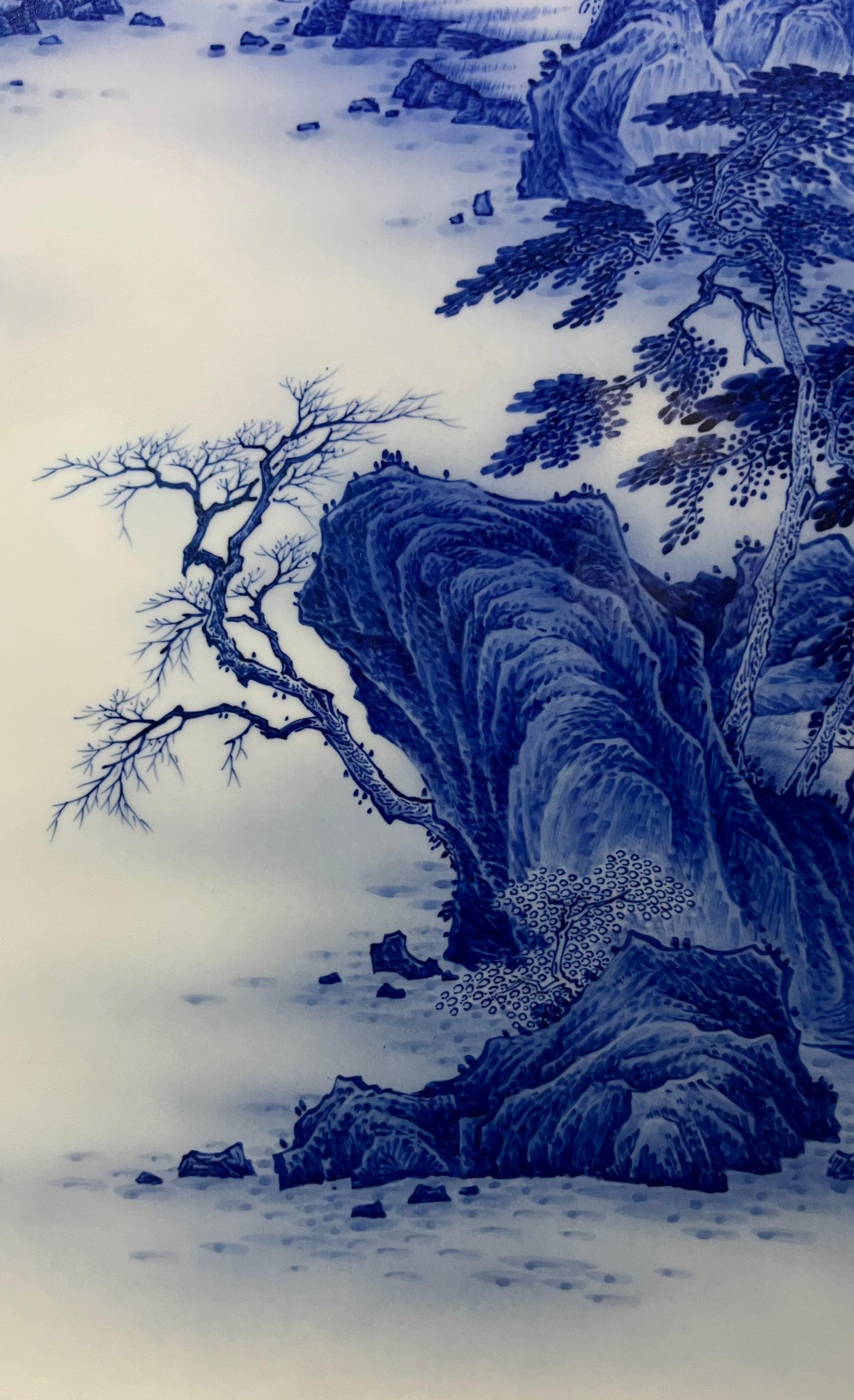 Large Size Chinese Artist Hand-pained Blue White Landscape Porcelain Plaque For Sale 5