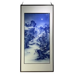 Large Size Chinese Artist Hand-pained Blue White Landscape Porcelain Plaque
