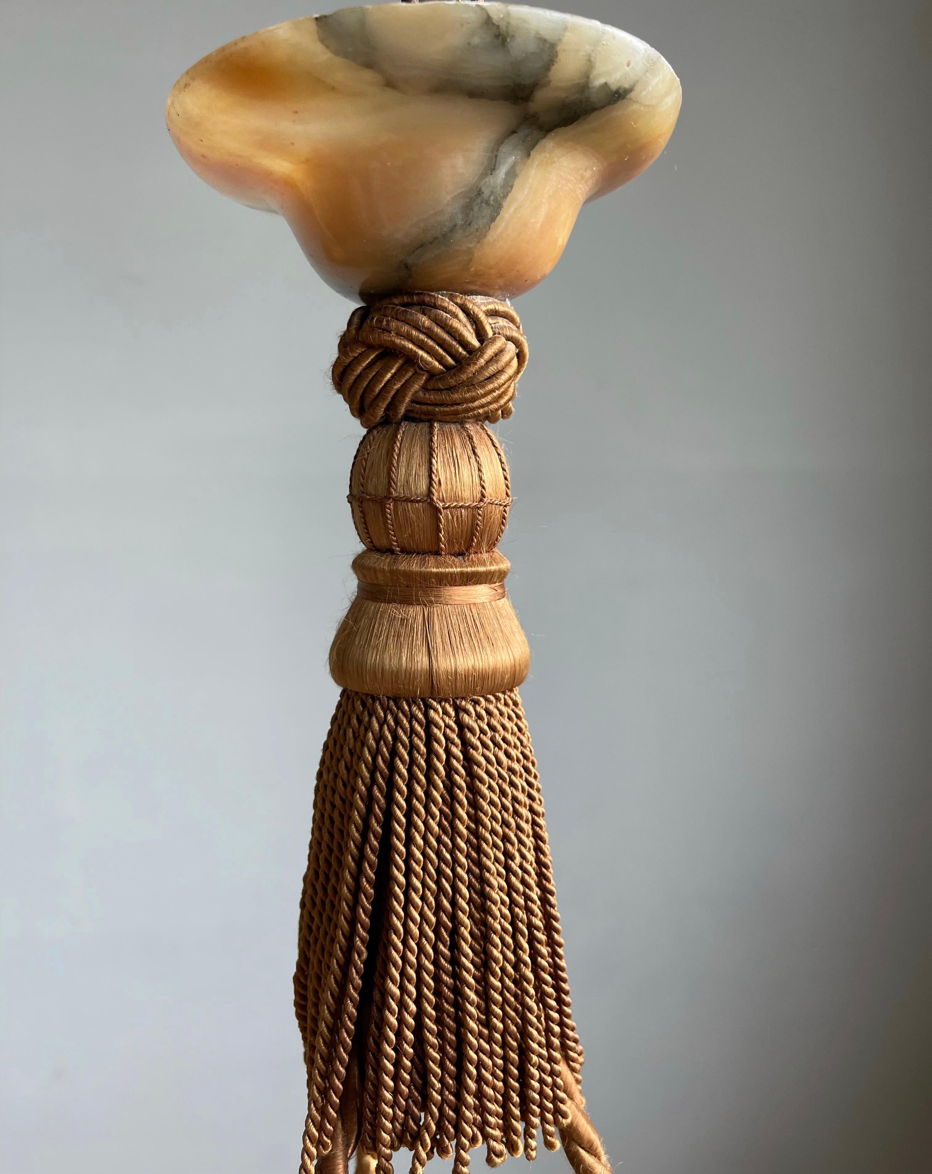 20th Century Large Size Carved Antique Alabaster Pendant Light, Fixture w. Greek Key Pattern