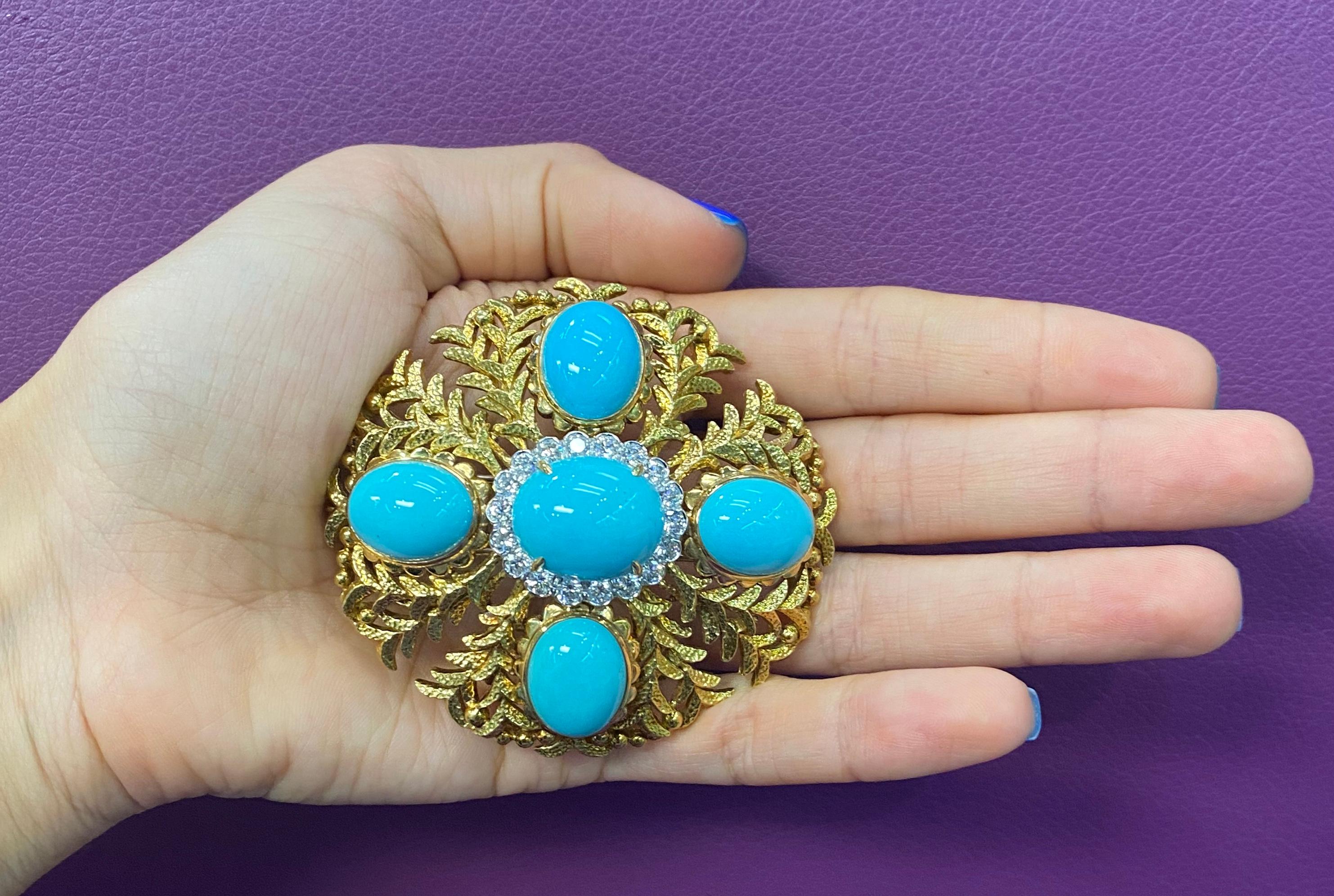 Large Size David Webb Cabochon Turquoise & Diamond Brooch In Excellent Condition For Sale In New York, NY