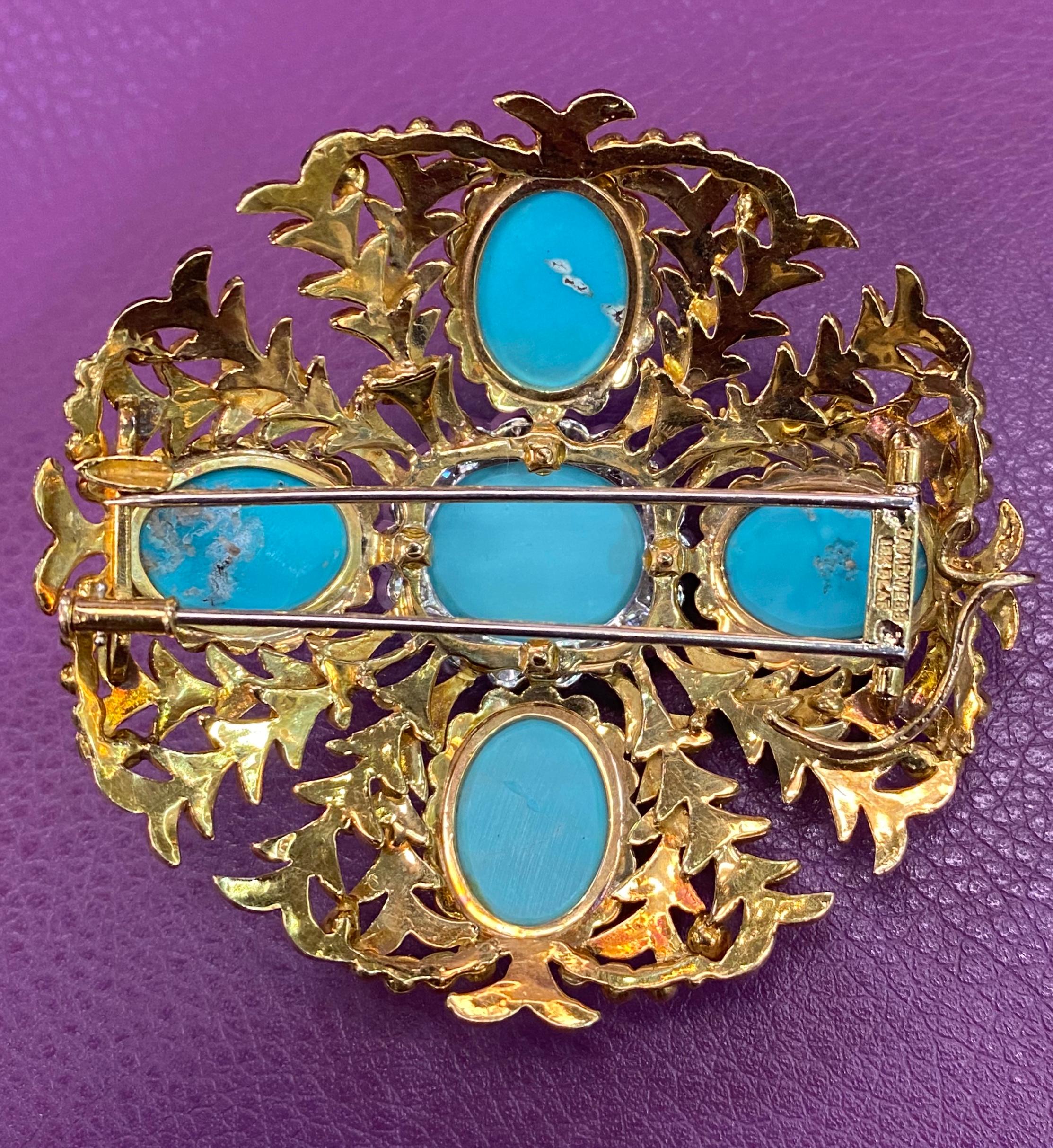 Women's Large Size David Webb Cabochon Turquoise & Diamond Brooch For Sale