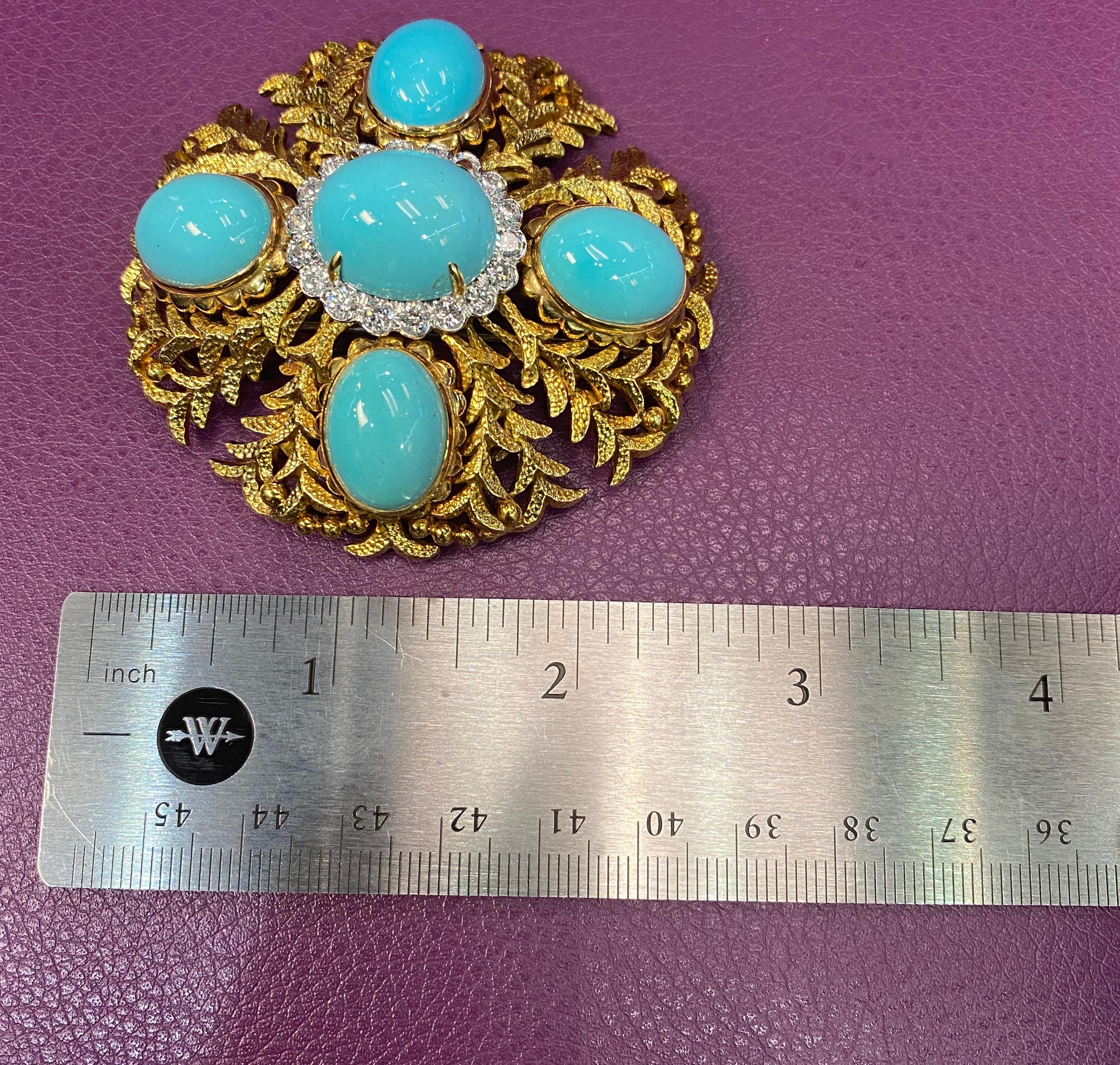 Large Size David Webb Cabochon Turquoise & Diamond Brooch For Sale 2