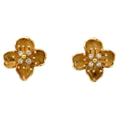 Large Size Diamond Flower Stud Earrings 0.56 Carats 18 Karat Yellow Gold