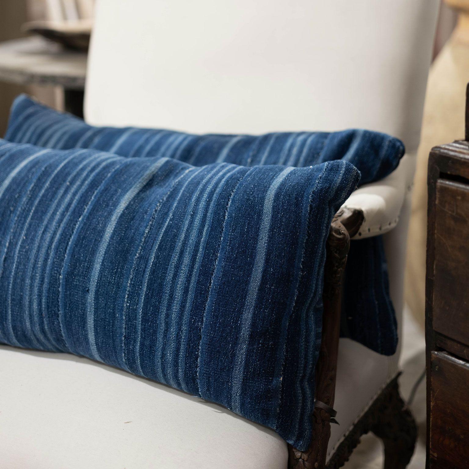 Large Faded Indigo Tone-on-Tone Striped Lumbar Cushion For Sale 3