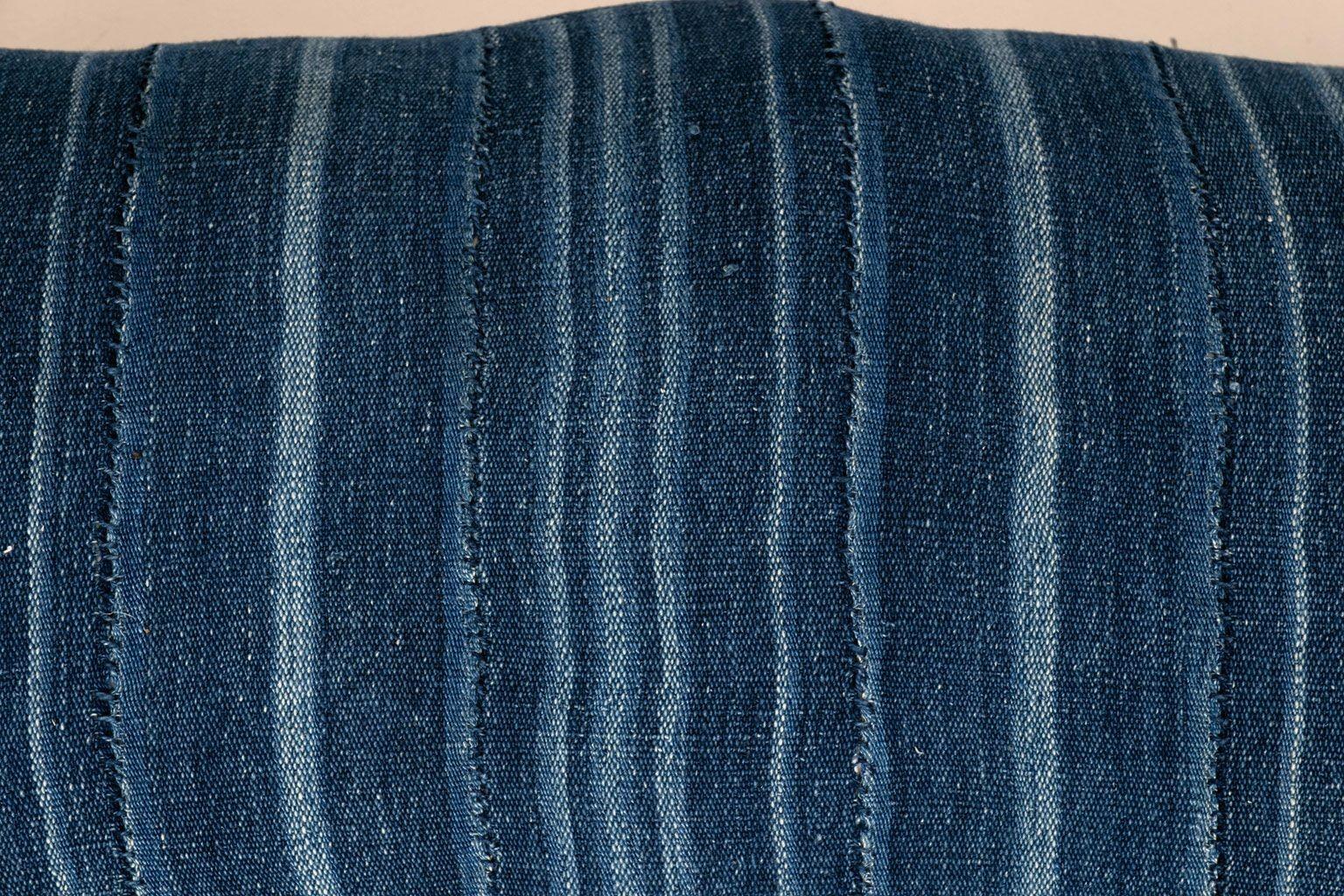 African Large Faded Indigo Tone-on-Tone Striped Lumbar Cushion For Sale