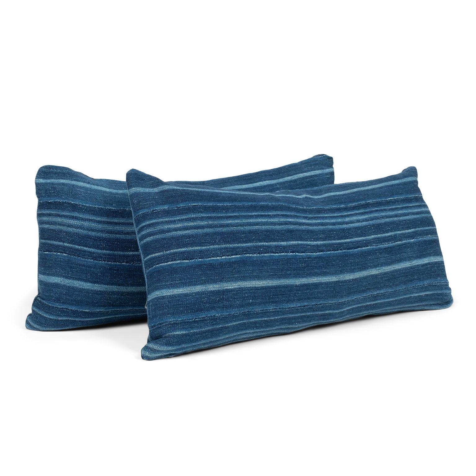 Large Faded Indigo Tone-on-Tone Striped Lumbar Cushion In Good Condition For Sale In Houston, TX
