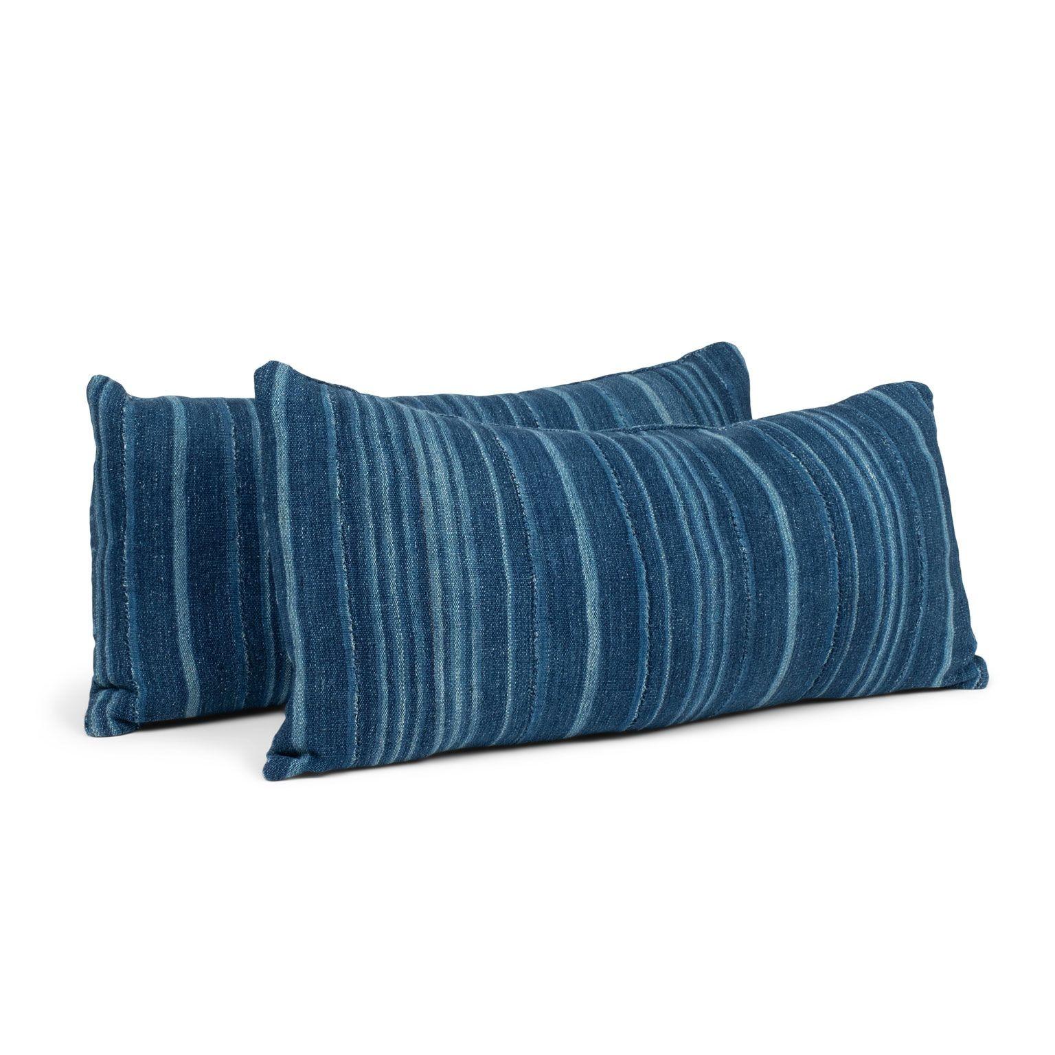 Contemporary Large Faded Indigo Tone-on-Tone Striped Lumbar Cushion For Sale