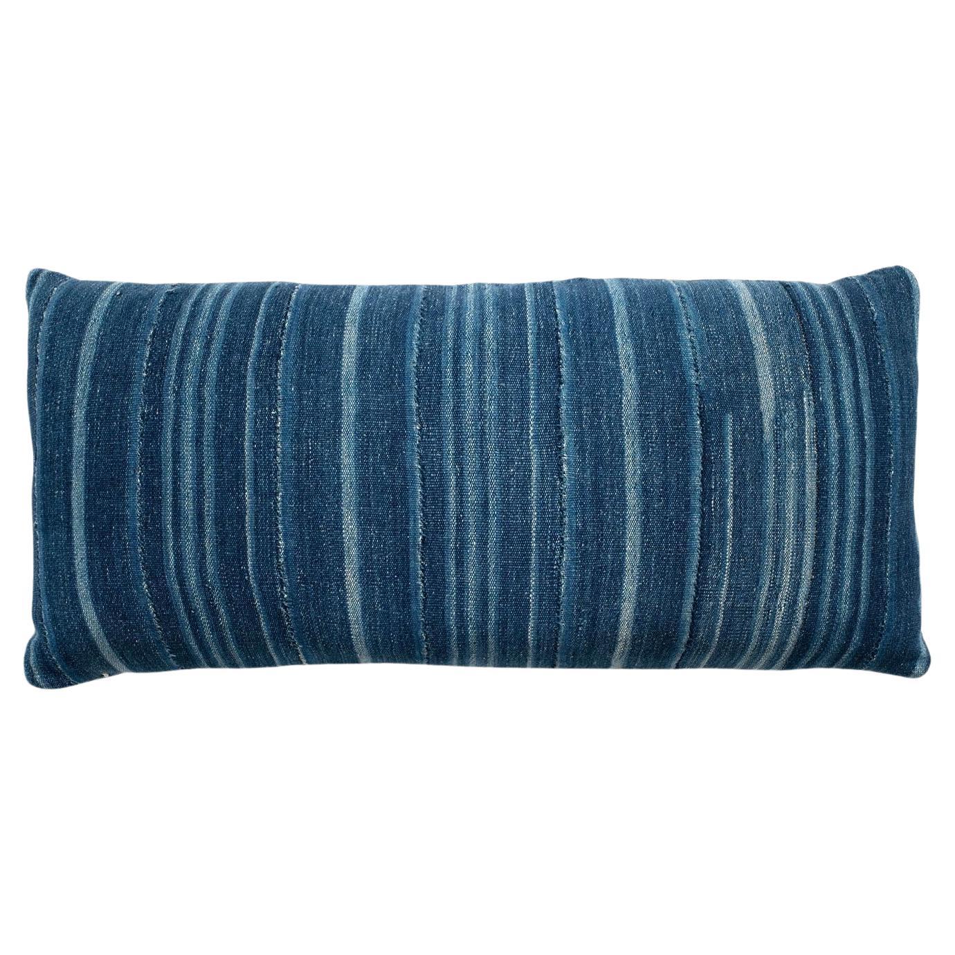 Large Faded Indigo Tone-on-Tone Striped Lumbar Cushion For Sale