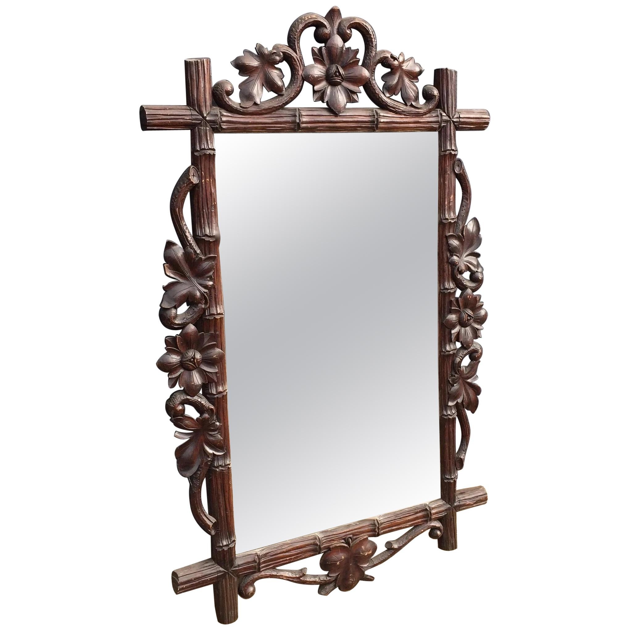 Large Size & Finest Quality Carved Antique Black Forest Wall or Fireplace Mirror For Sale