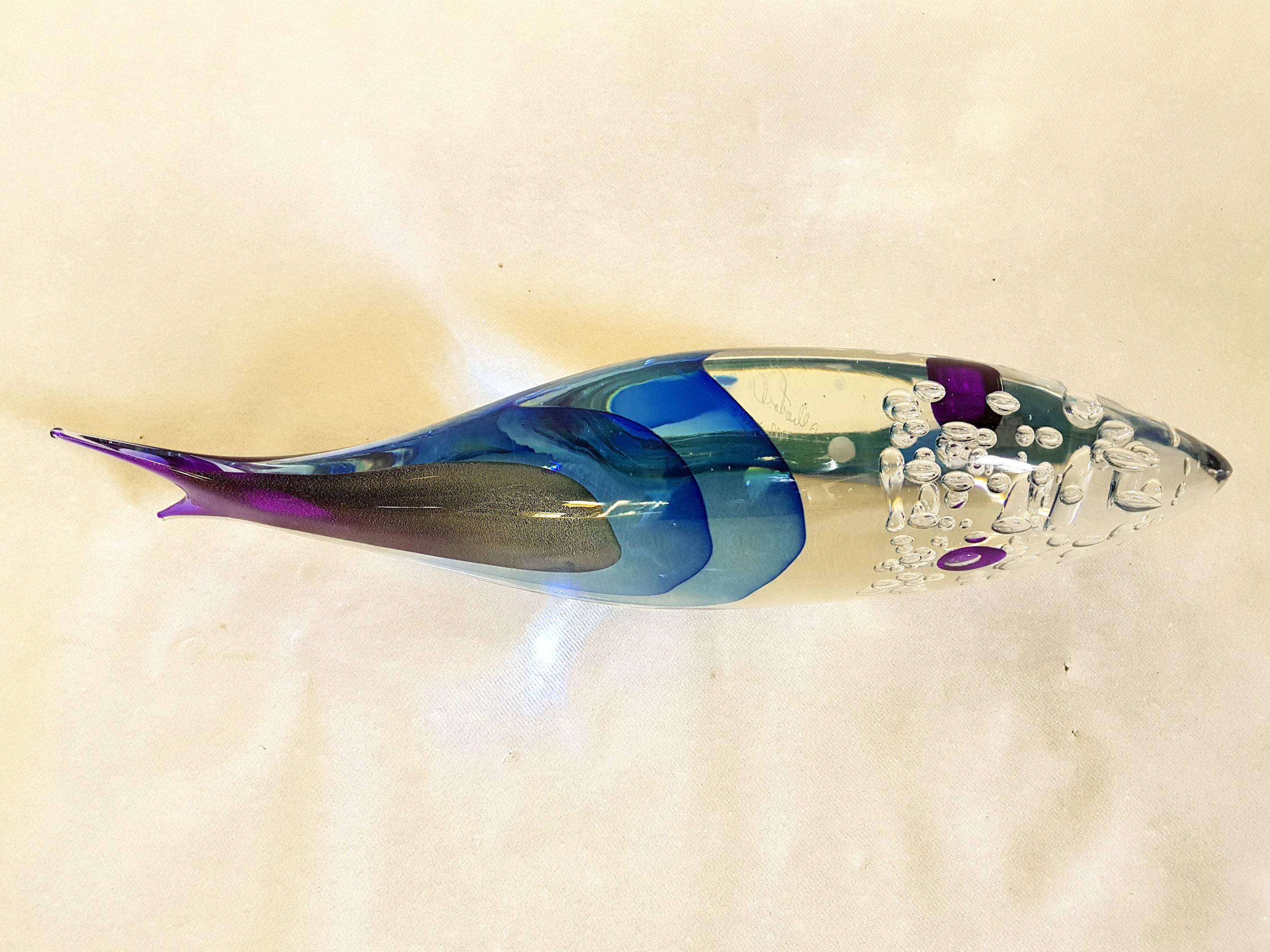 Mid-Century Modern Large Size Fish Sculpture, Blue Sommerso Murano Glass, by Flavio Poli, 1970s 