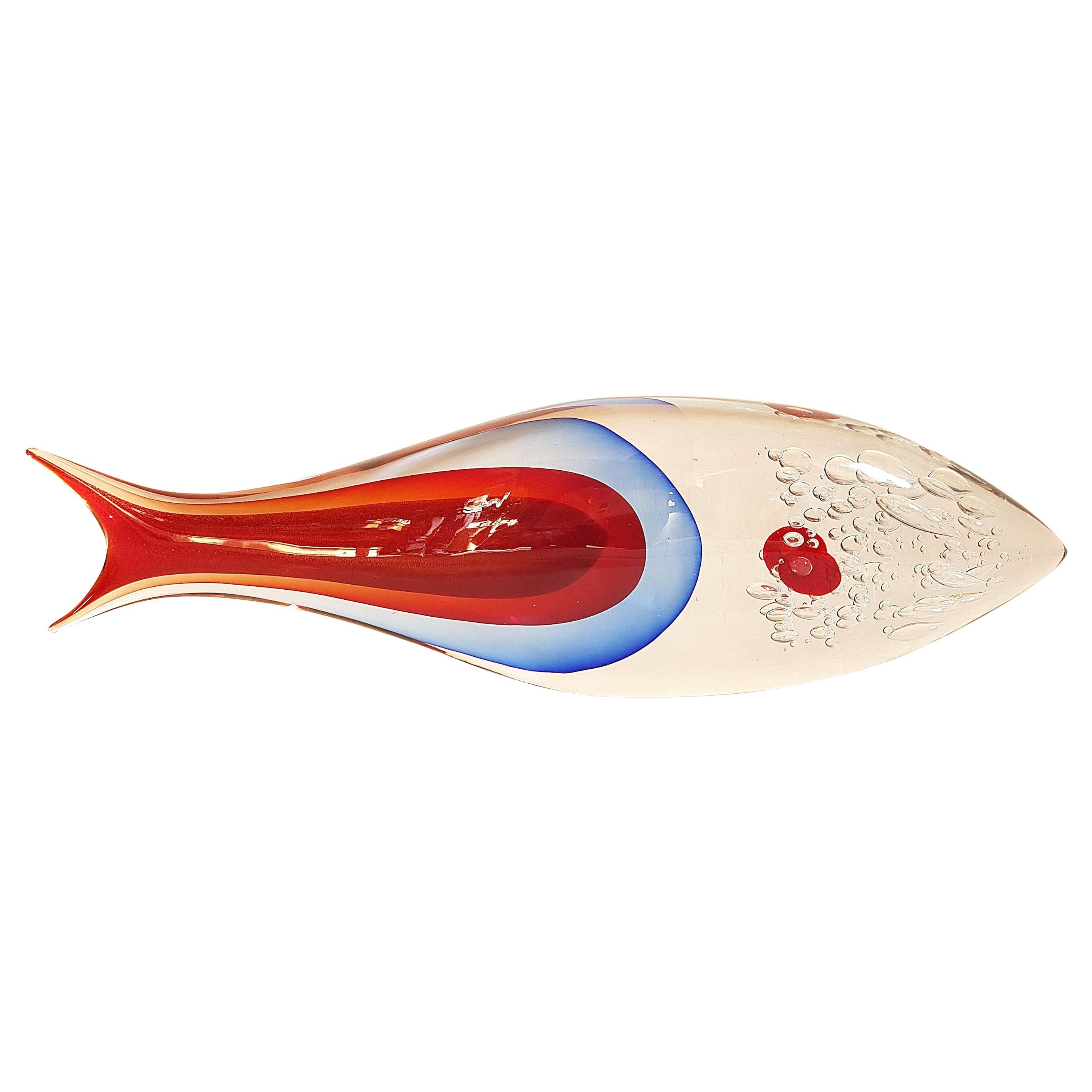 Large Size Fish Sculpture, in Sommerso Murano Glass, by Flavio Poli, circa 1970s