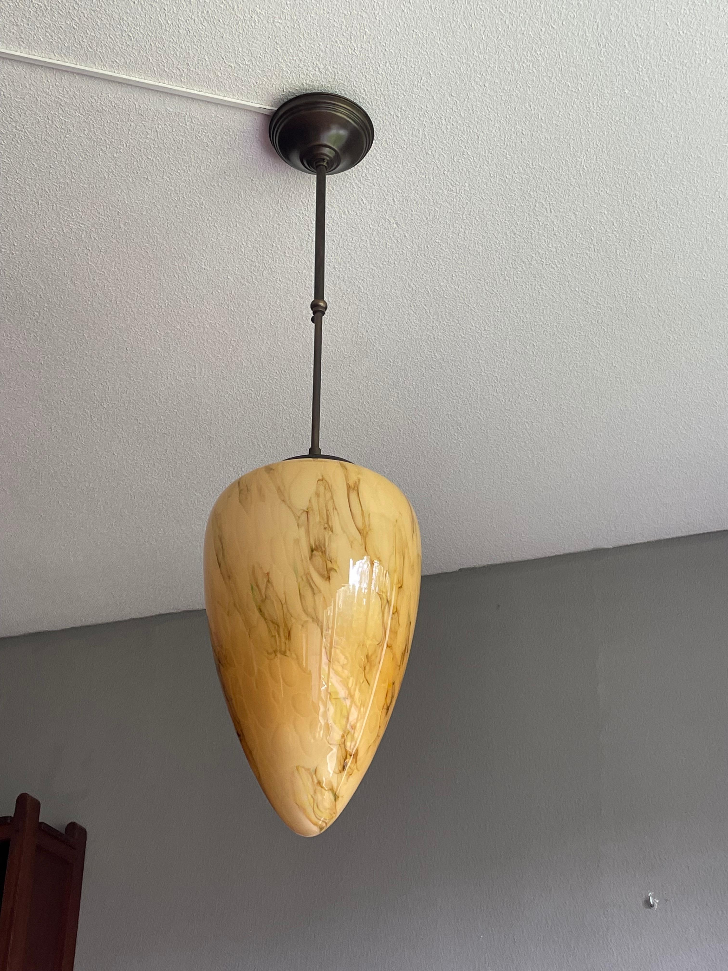 Large Size & Great Cone Shape Midcentury Made Art Deco Style Glass Pendant Light In Excellent Condition For Sale In Lisse, NL