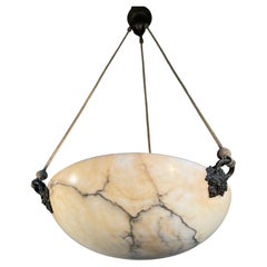 Large Size 
Great Design Antique Alabaster Pendant w Bronze Bacchus Sculptures