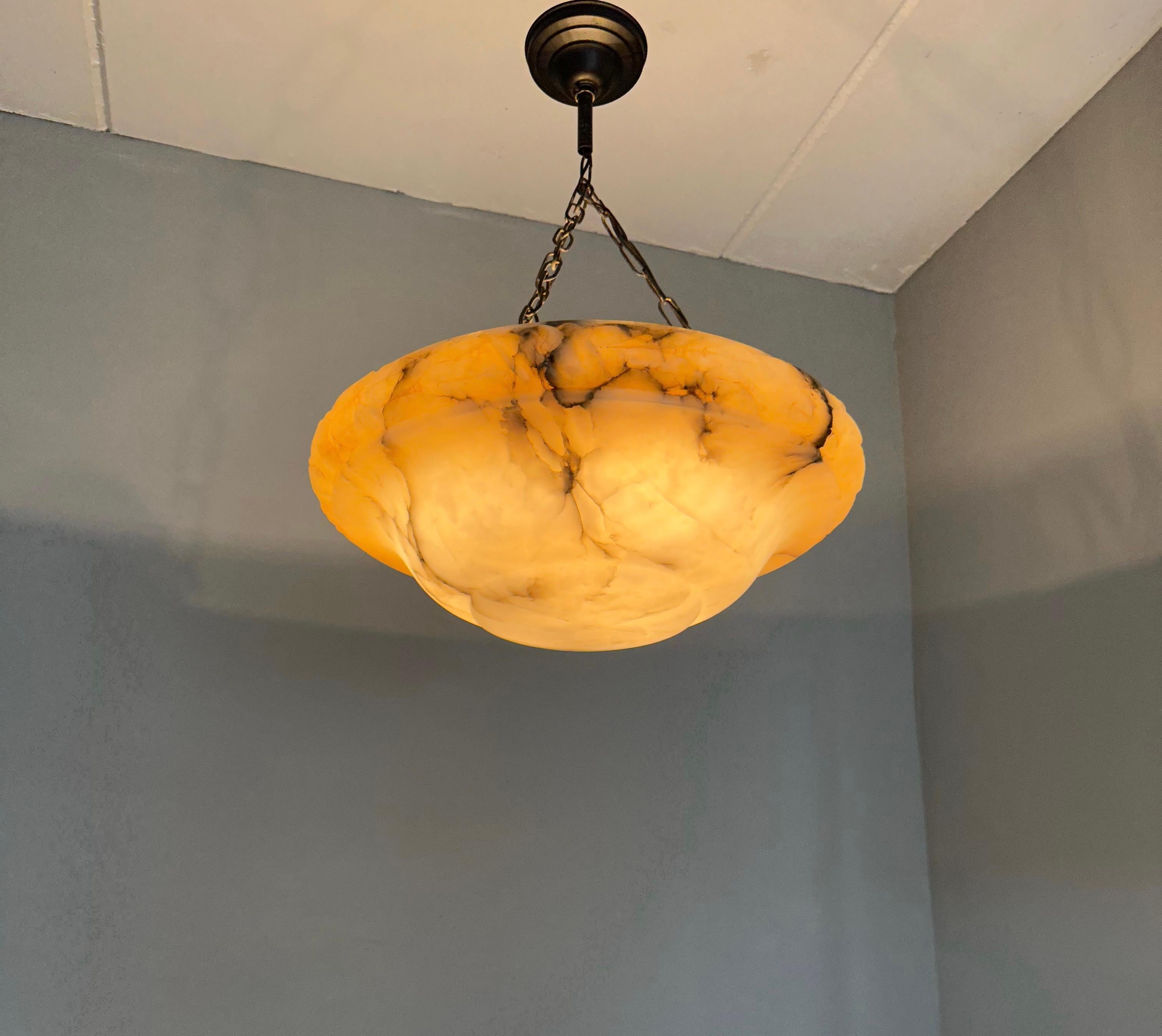 20th Century Large Size & Great Design Restored Antique White Alabaster Shade Pendant Light For Sale