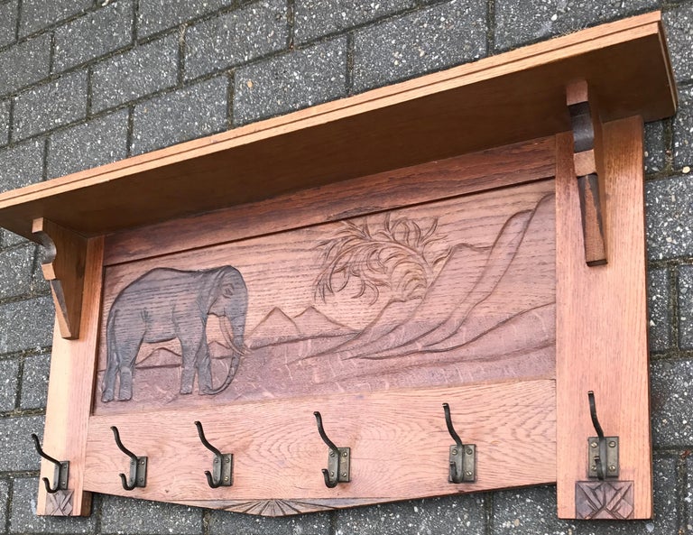 Large Size and Hand Carved Art Deco Wall Coat Rack with Bull Elephant in Relief For Sale 3