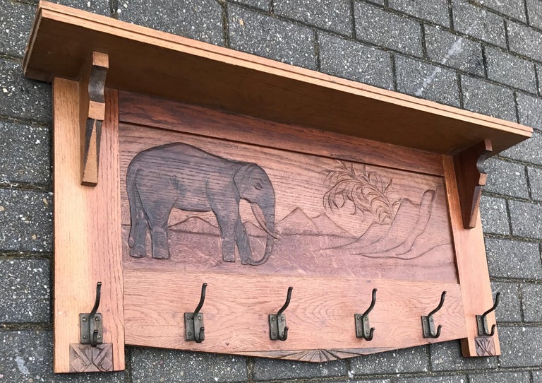 Large Size and Hand Carved Art Deco Wall Coat Rack with Bull Elephant in Relief For Sale 4