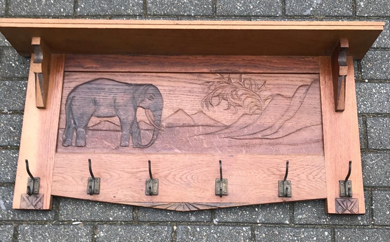Large Size and Hand Carved Art Deco Wall Coat Rack with Bull Elephant in Relief For Sale 5