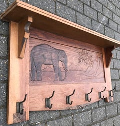 Large Size and Hand Carved Art Deco Wall Coat Rack with Bull Elephant in Relief