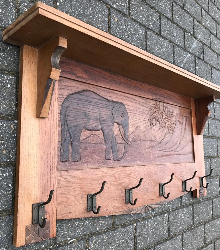 Dutch Large Size and Hand Carved Art Deco Wall Coat Rack with Bull Elephant in Relief For Sale