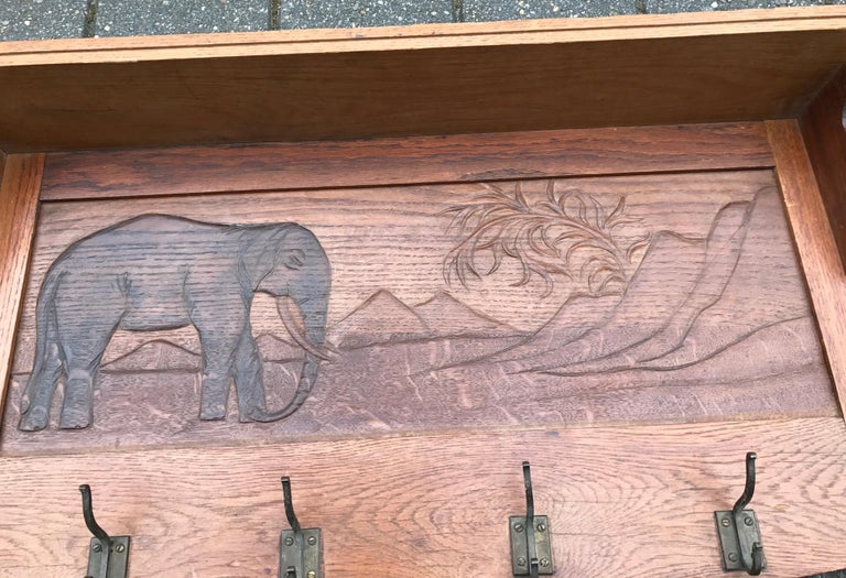 Hand-Carved Large Size and Hand Carved Art Deco Wall Coat Rack with Bull Elephant in Relief For Sale