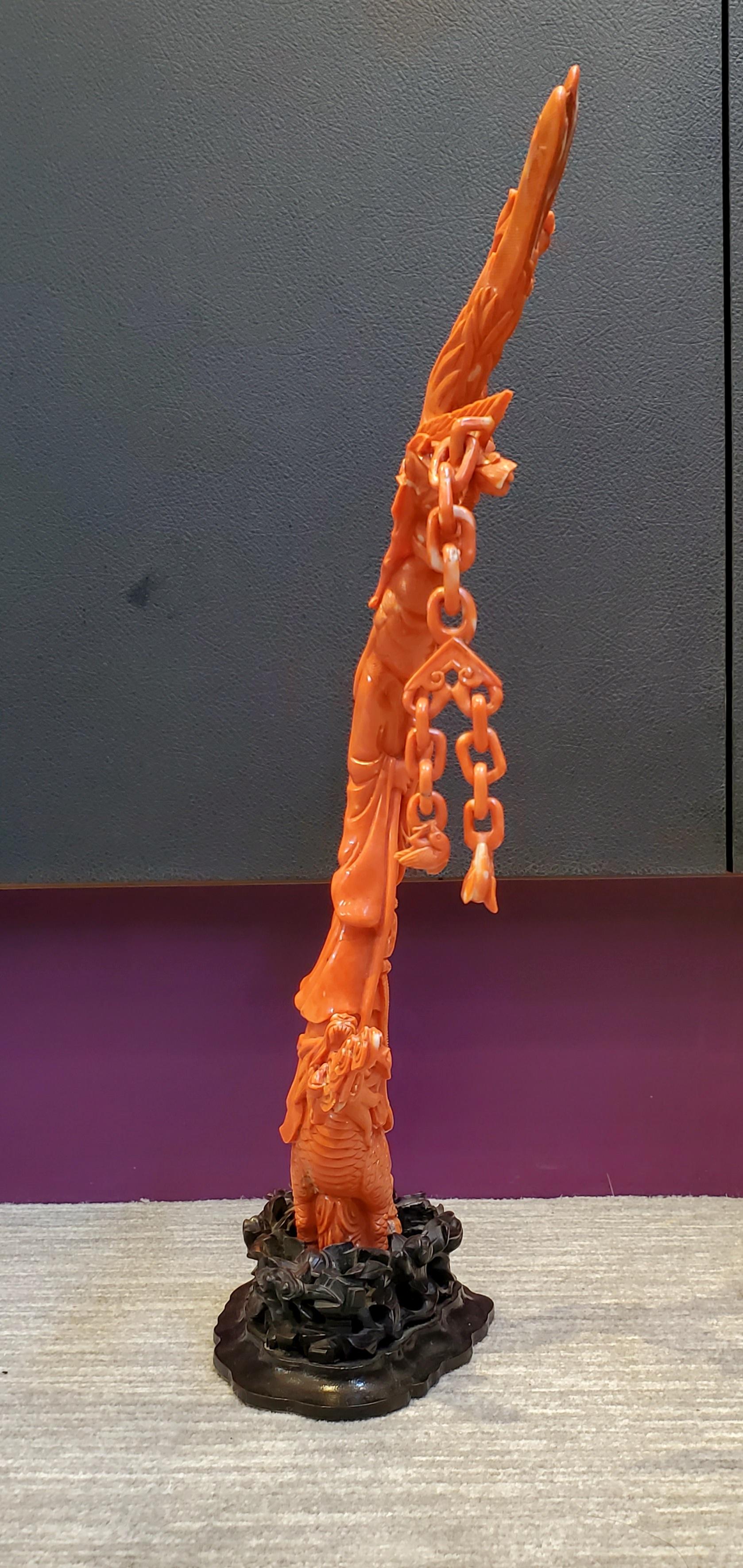 Large Size Hand-Carved Chinese Coral Guanyin and Dragon Figure  8