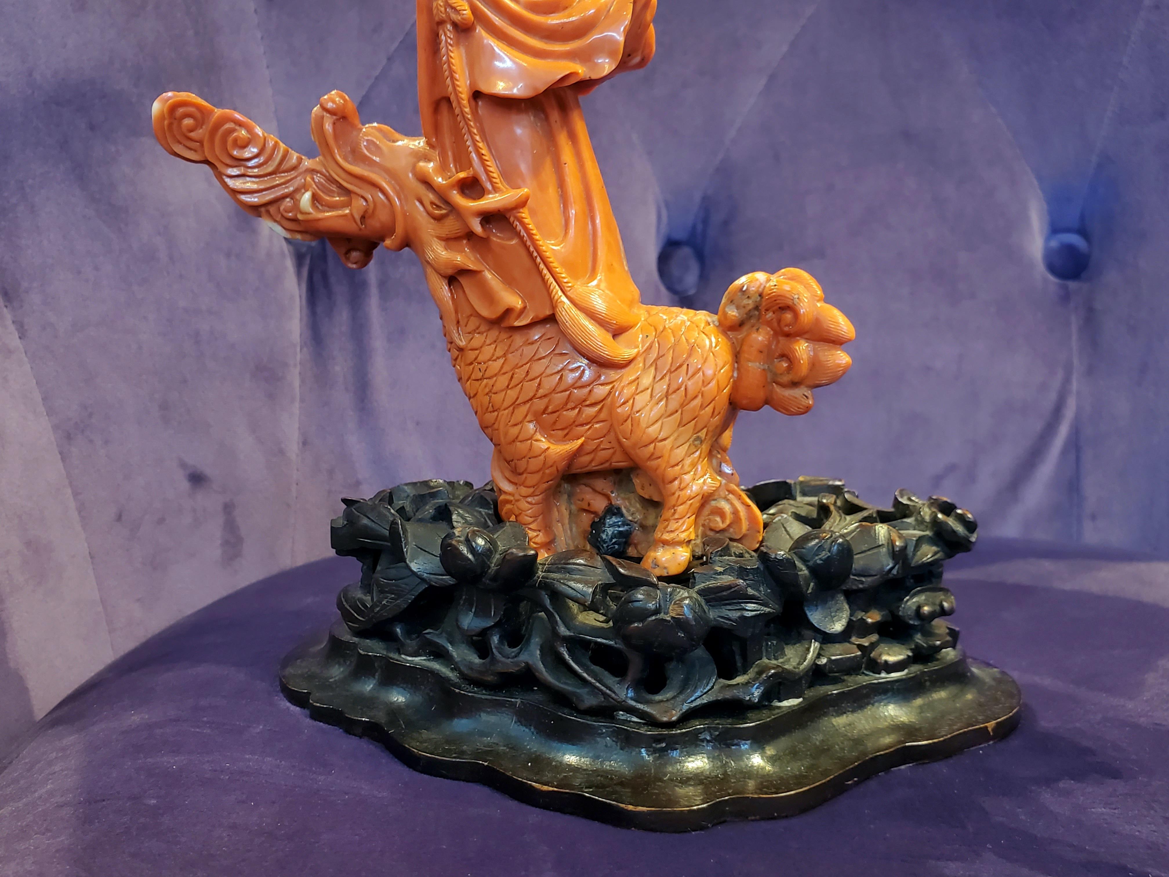Large Size Hand-Carved Chinese Coral Guanyin and Dragon Figure  3