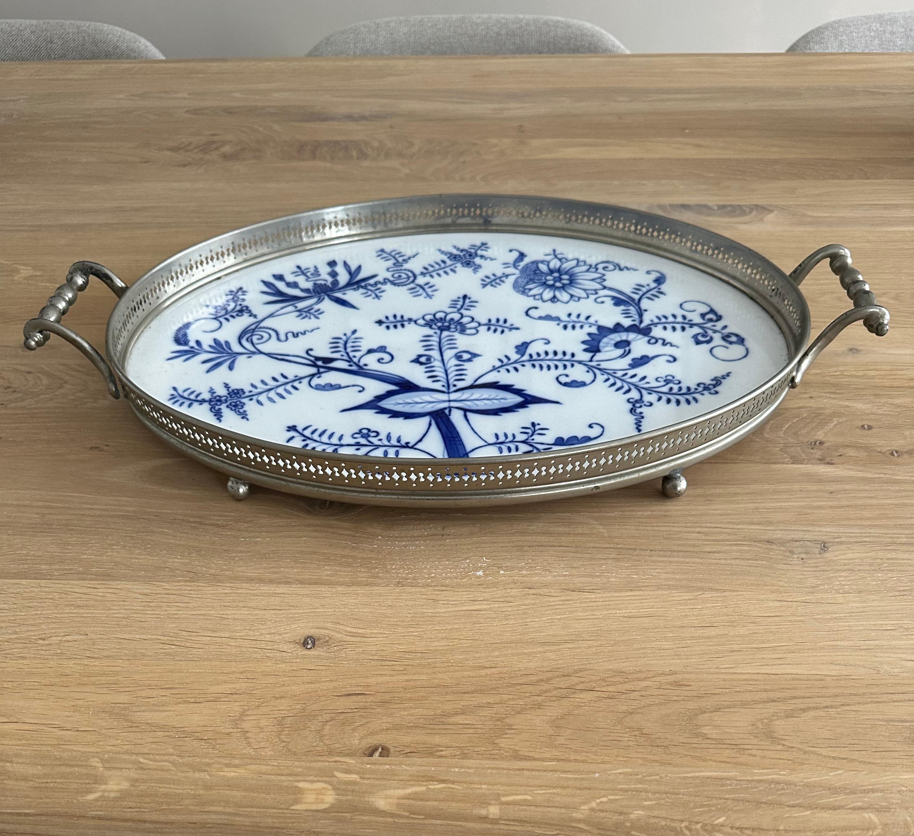Large Size, Hand Painted & Glazed Delfts Blue Porcelain Tray with Floral Design For Sale 2