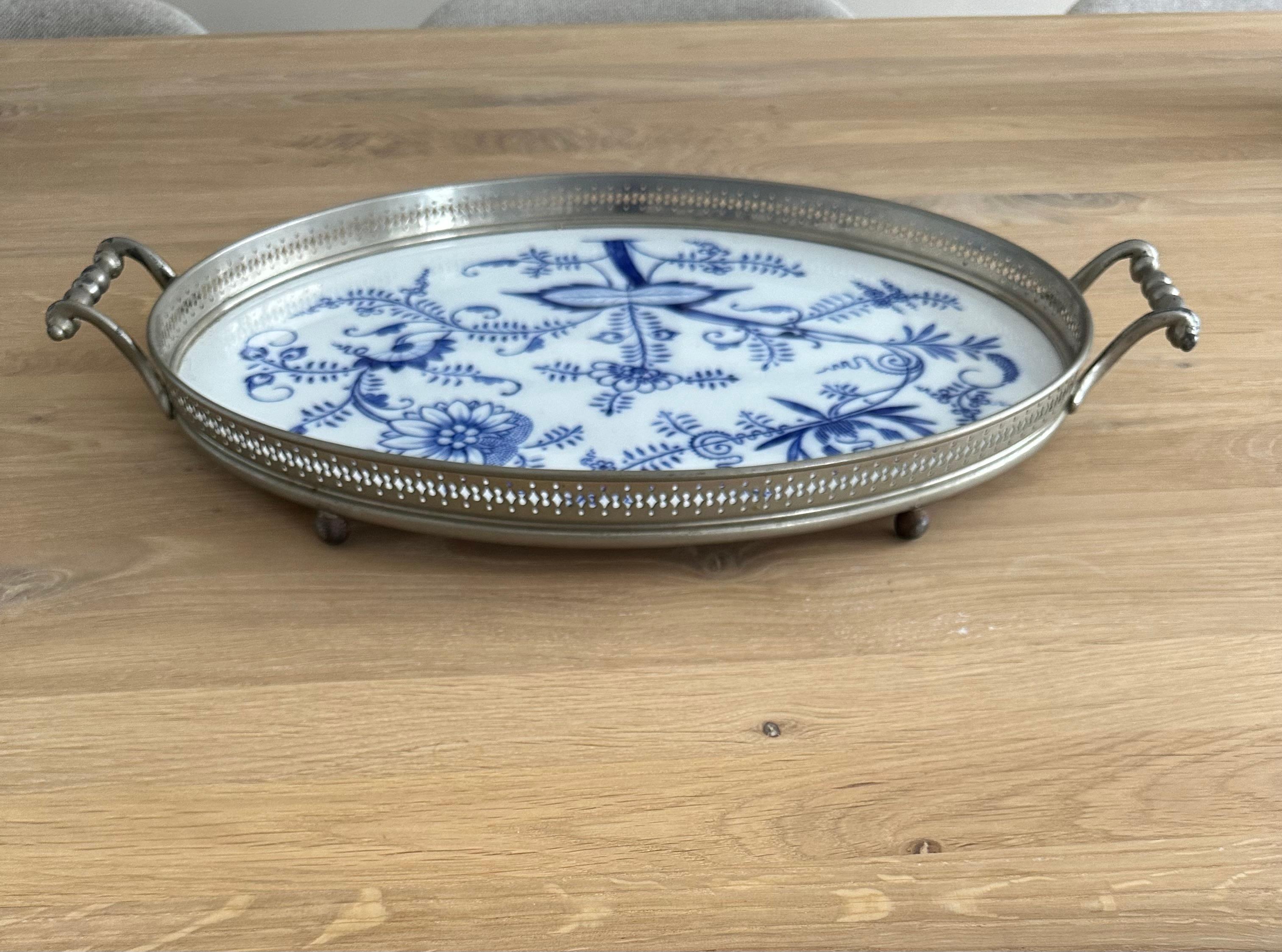Large Size, Hand Painted & Glazed Delfts Blue Porcelain Tray with Floral Design For Sale 3