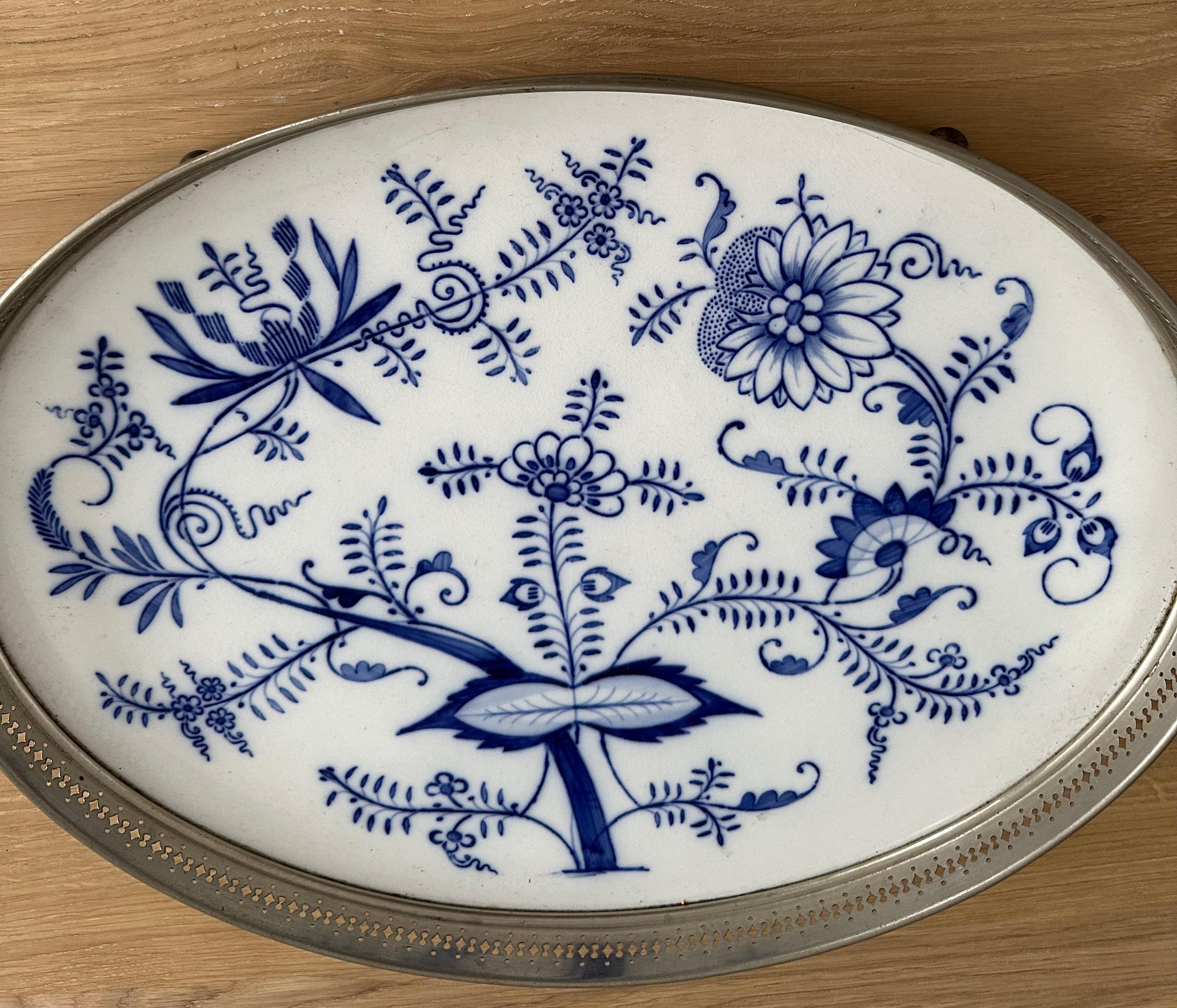 Large Size, Hand Painted & Glazed Delfts Blue Porcelain Tray with Floral Design For Sale 4