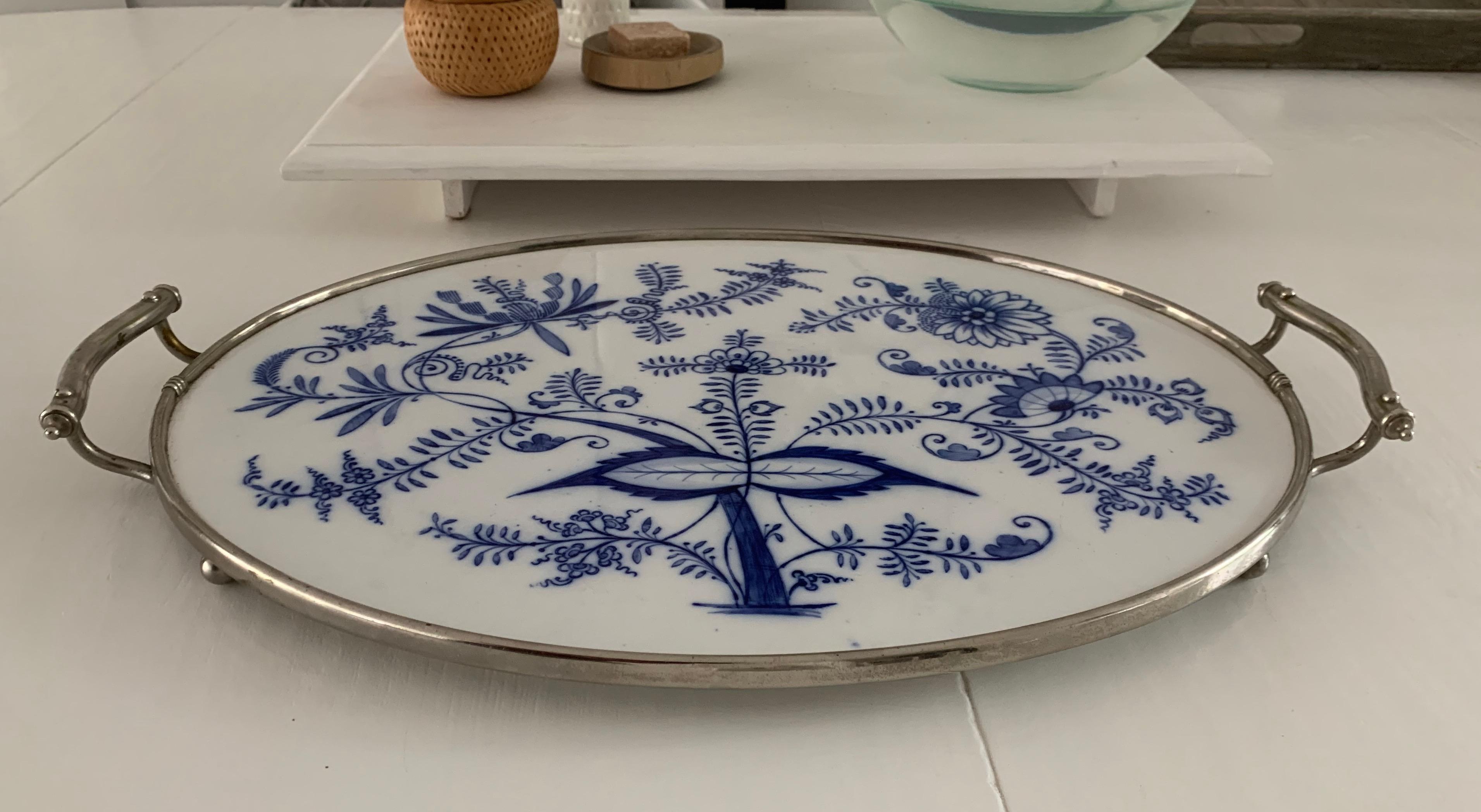 Large Size, Hand Painted & Glazed Delfts Blue Porcelain Tray with Floral Design 6
