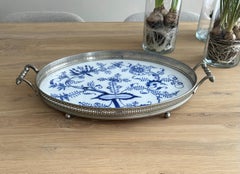 Large Size, Hand Painted & Glazed Delfts Blue Porcelain Tray with Floral Design