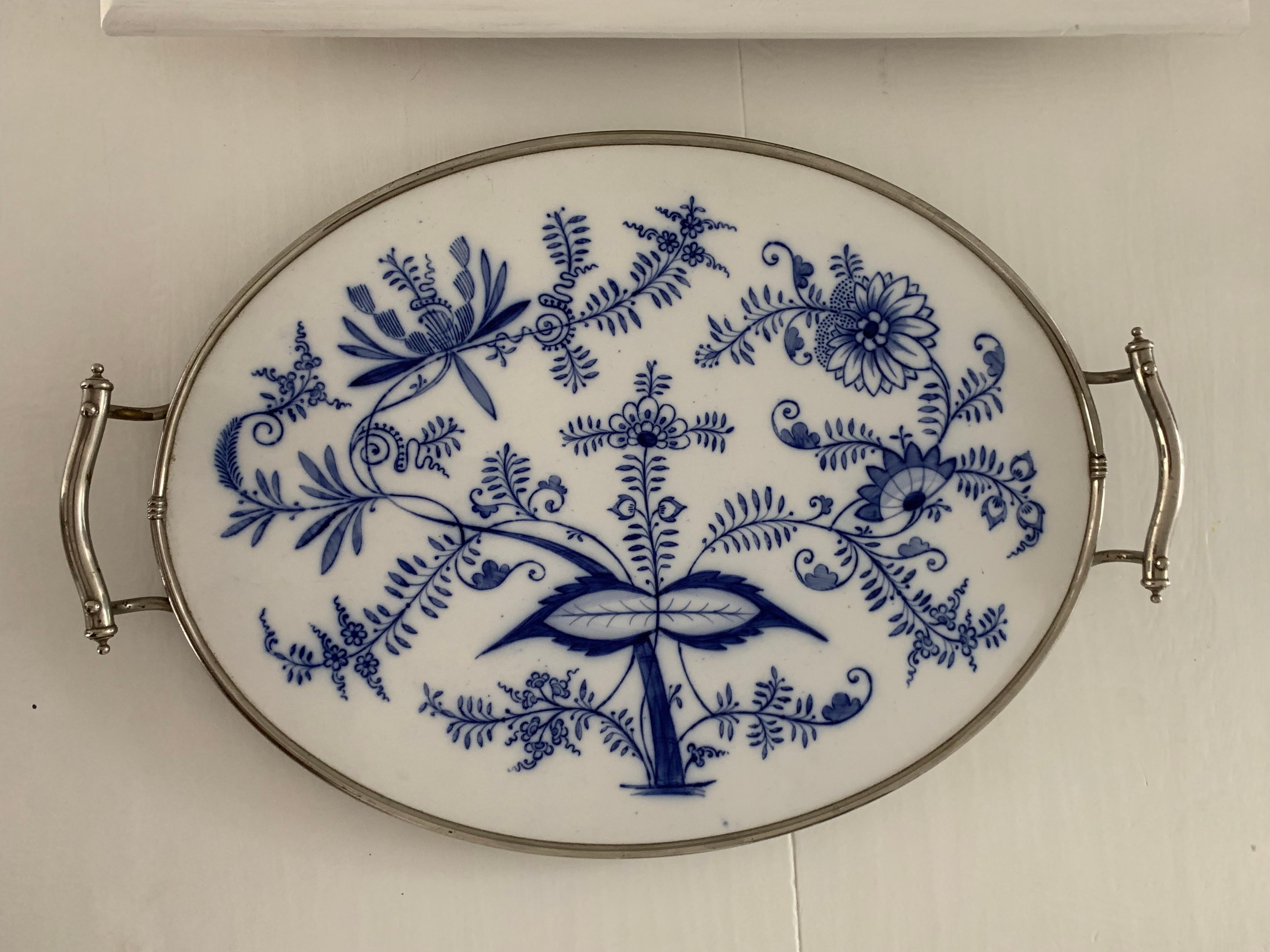 Arts and Crafts Large Size, Hand Painted & Glazed Delfts Blue Porcelain Tray with Floral Design