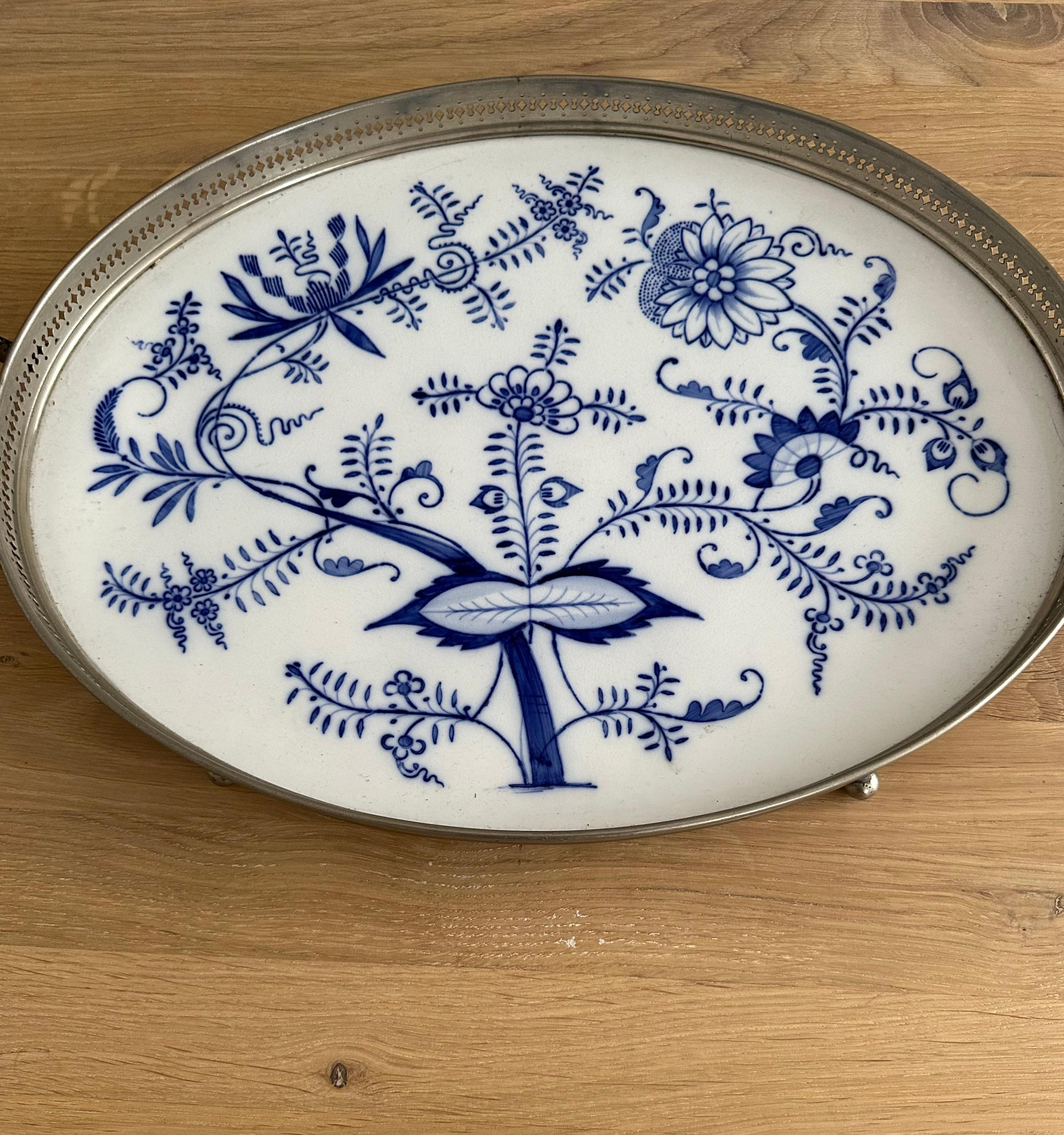 European Large Size, Hand Painted & Glazed Delfts Blue Porcelain Tray with Floral Design For Sale