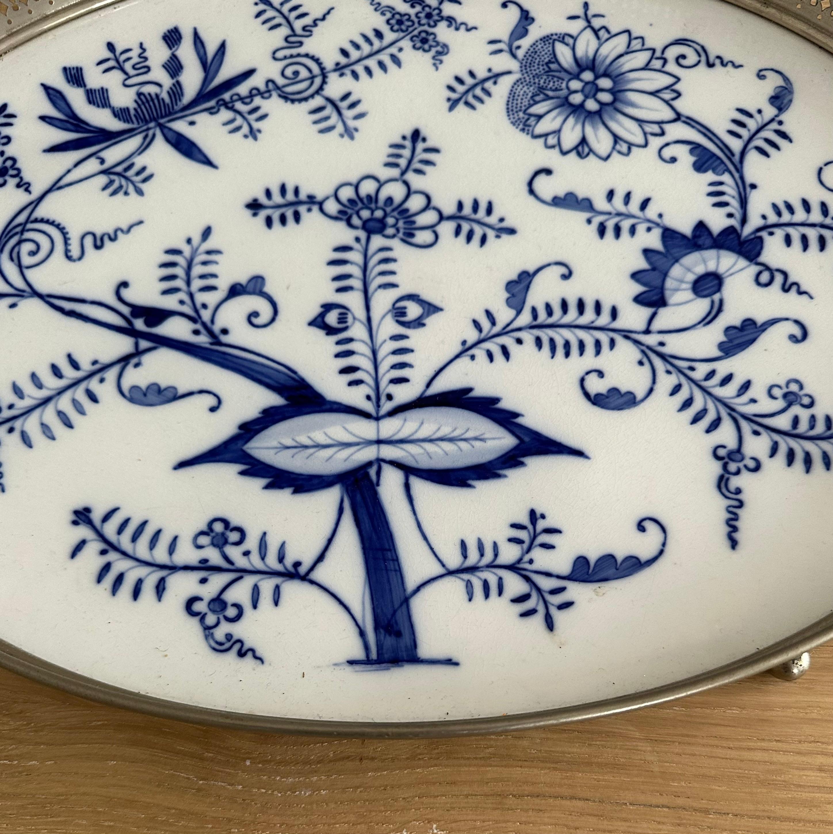 Hand-Crafted Large Size, Hand Painted & Glazed Delfts Blue Porcelain Tray with Floral Design For Sale