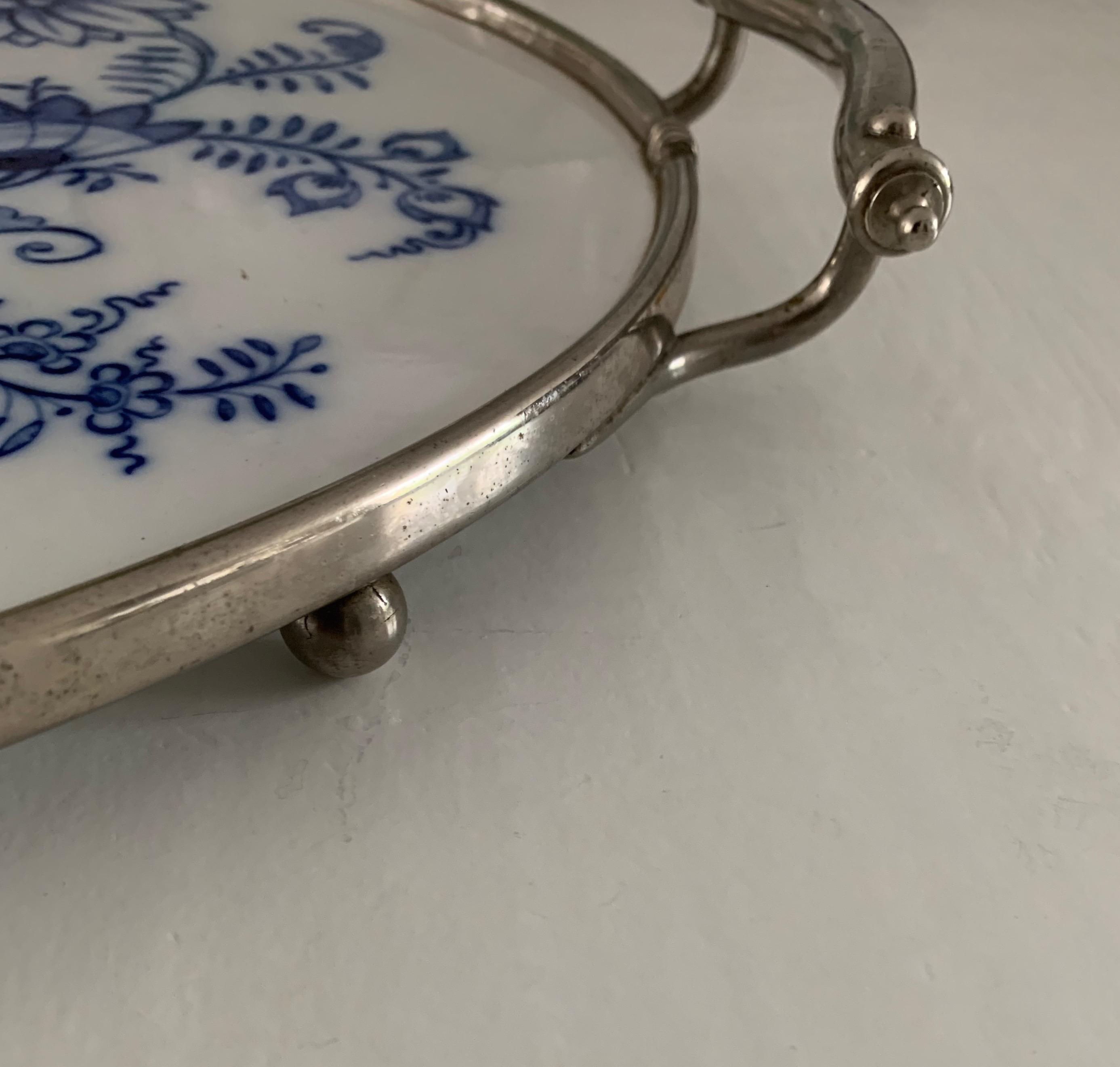 Brass Large Size, Hand Painted & Glazed Delfts Blue Porcelain Tray with Floral Design