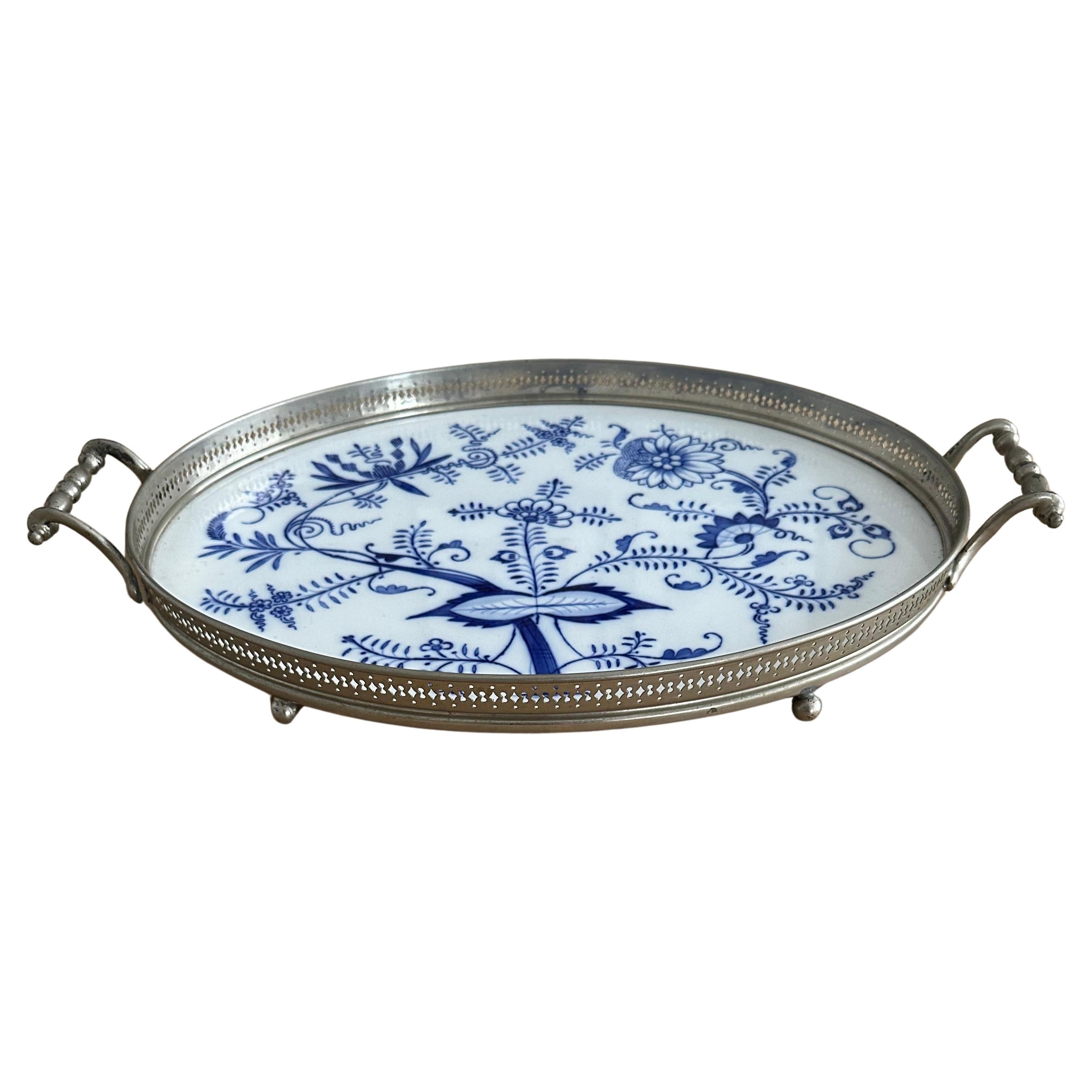 Large Size, Hand Painted & Glazed Delfts Blue Porcelain Tray with Floral Design For Sale