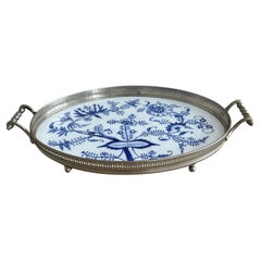 Large Size, Hand Painted & Glazed Delfts Blue Porcelain Tray with Floral Design