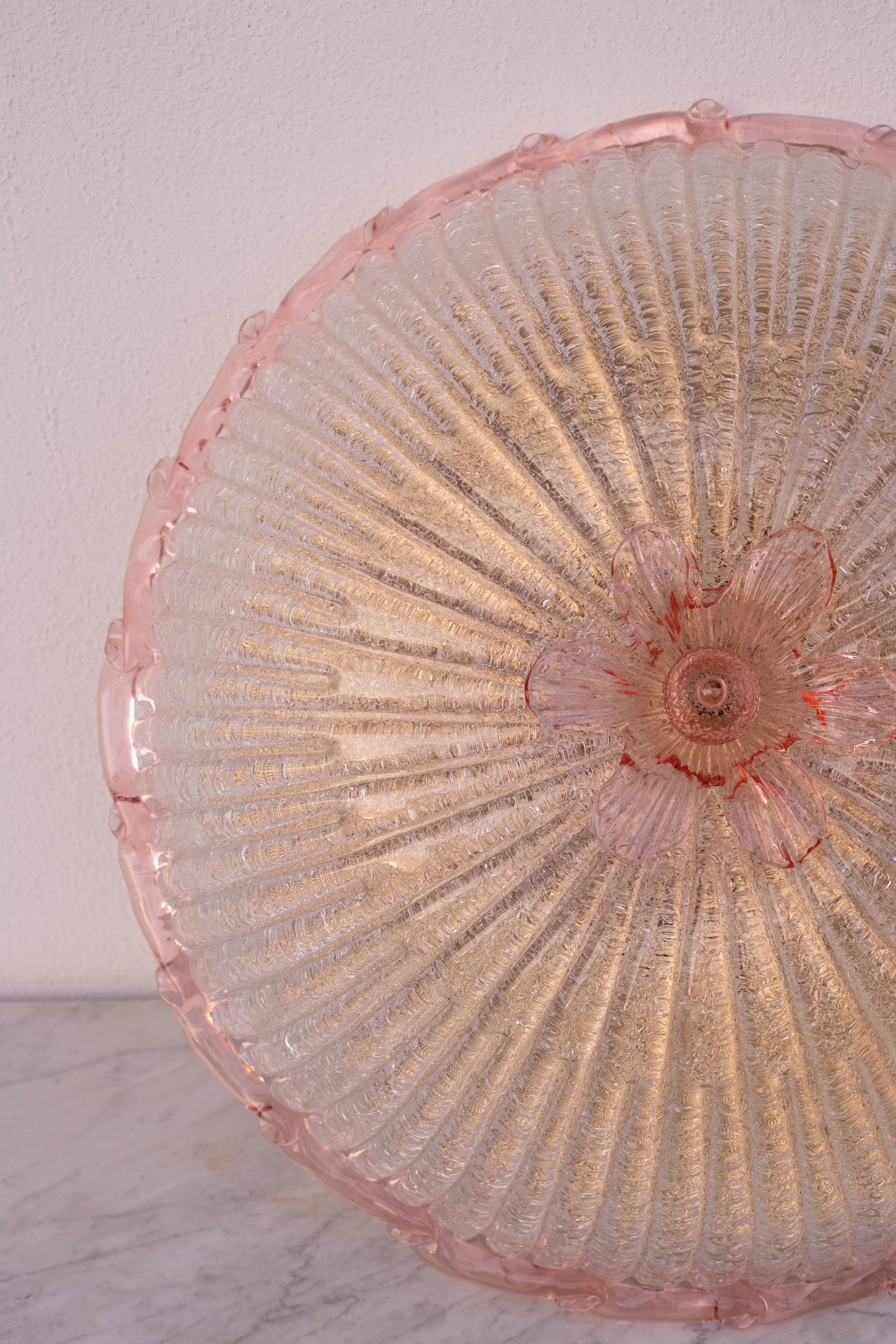 Large Size iItalian Pink and Murano Glass Ceiling Flower For Sale 3