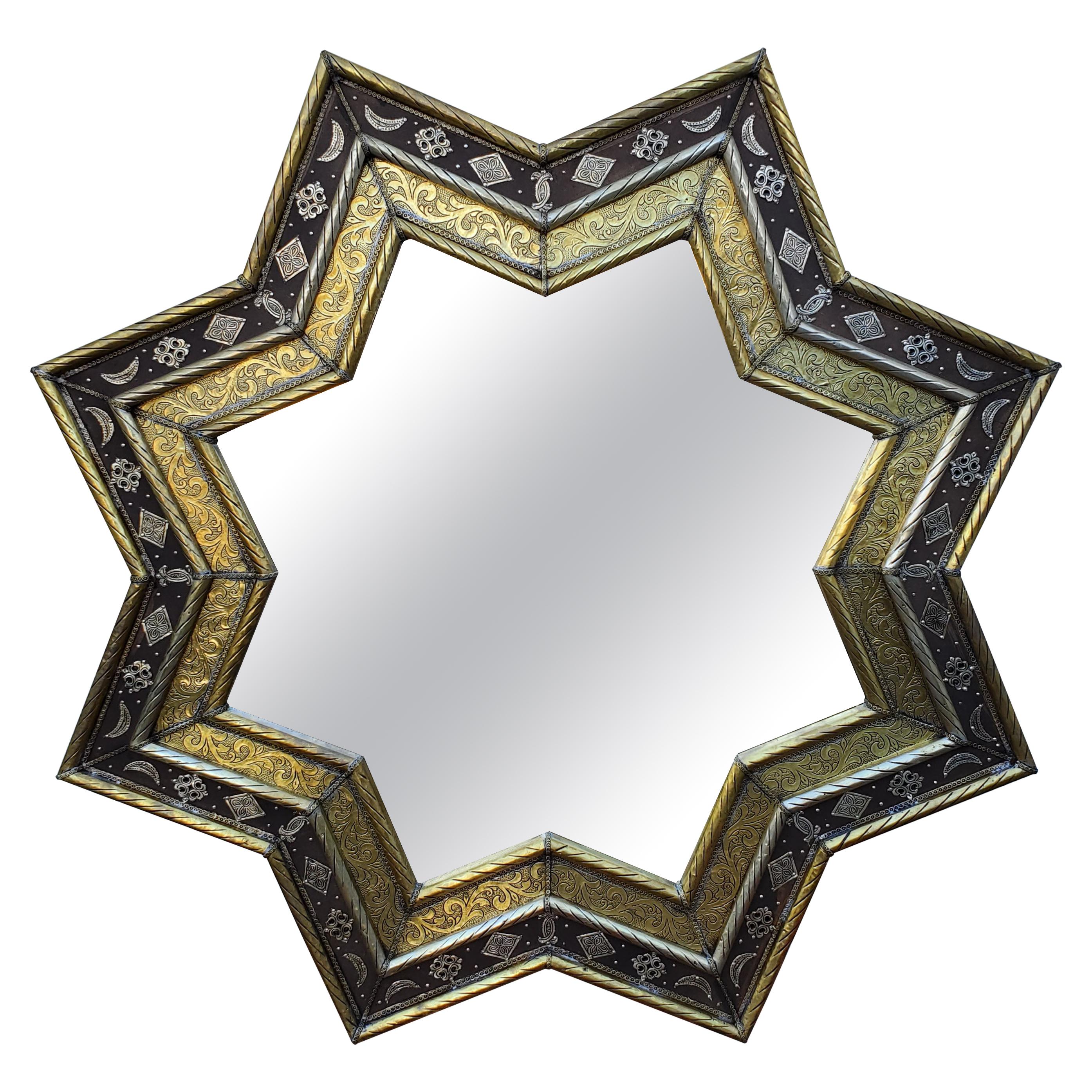 Large Size Moroccan Star Mirror, Metal Inlaid For Sale